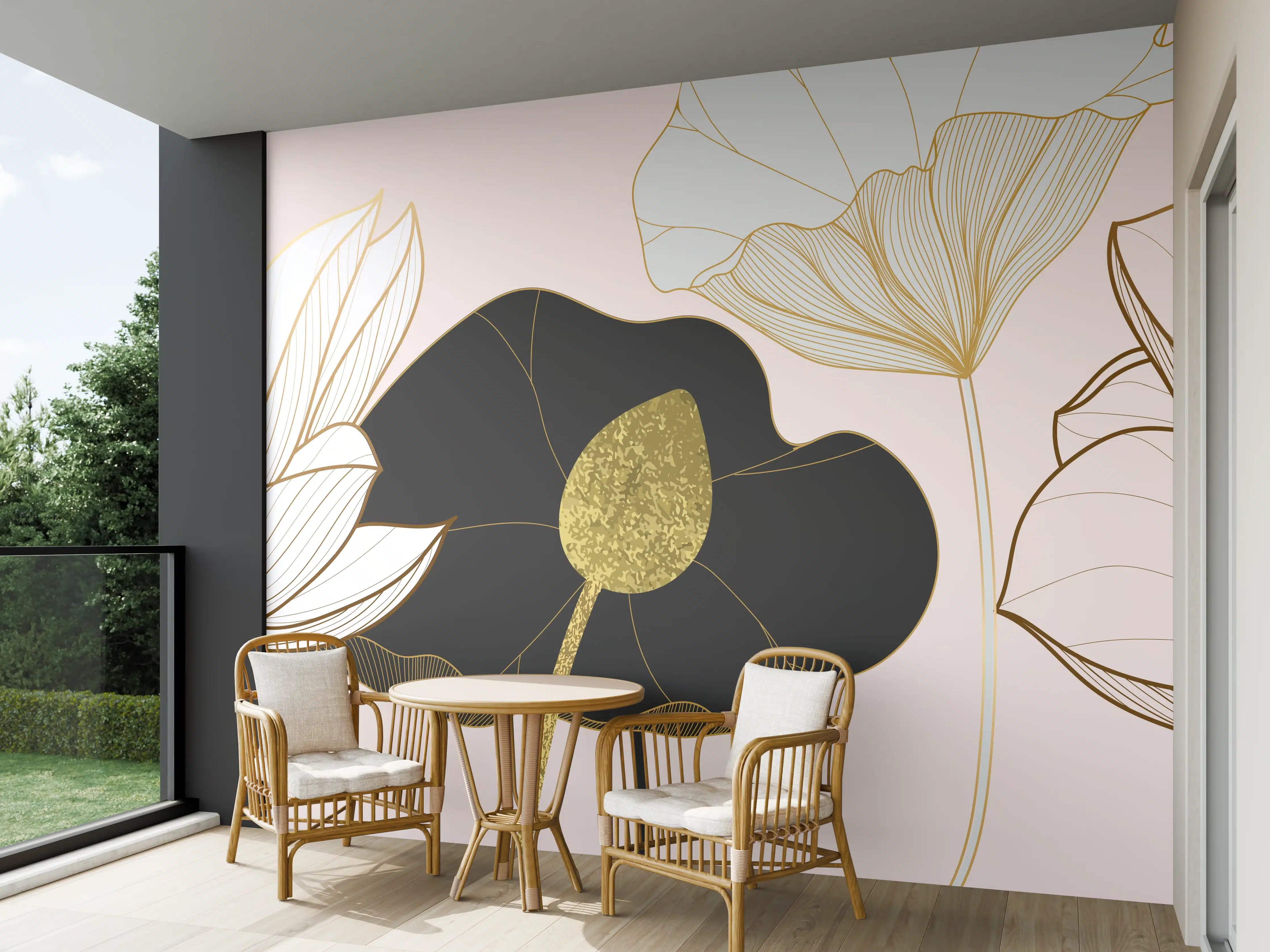 Wandverkleidung außen - Goldene Lotusblumen auf Schwarz