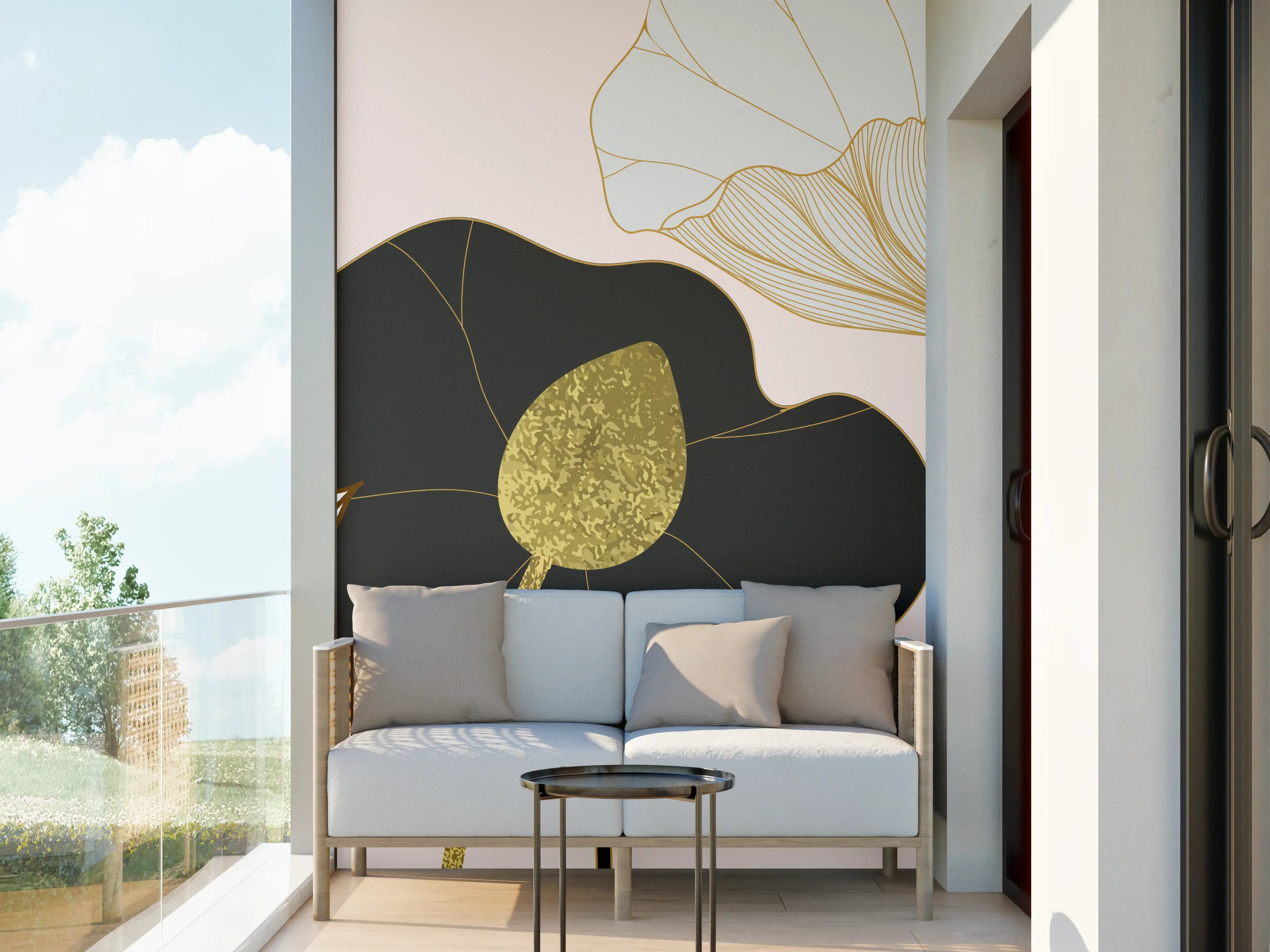 Wandverkleidung außen - Goldene Lotusblumen auf Schwarz