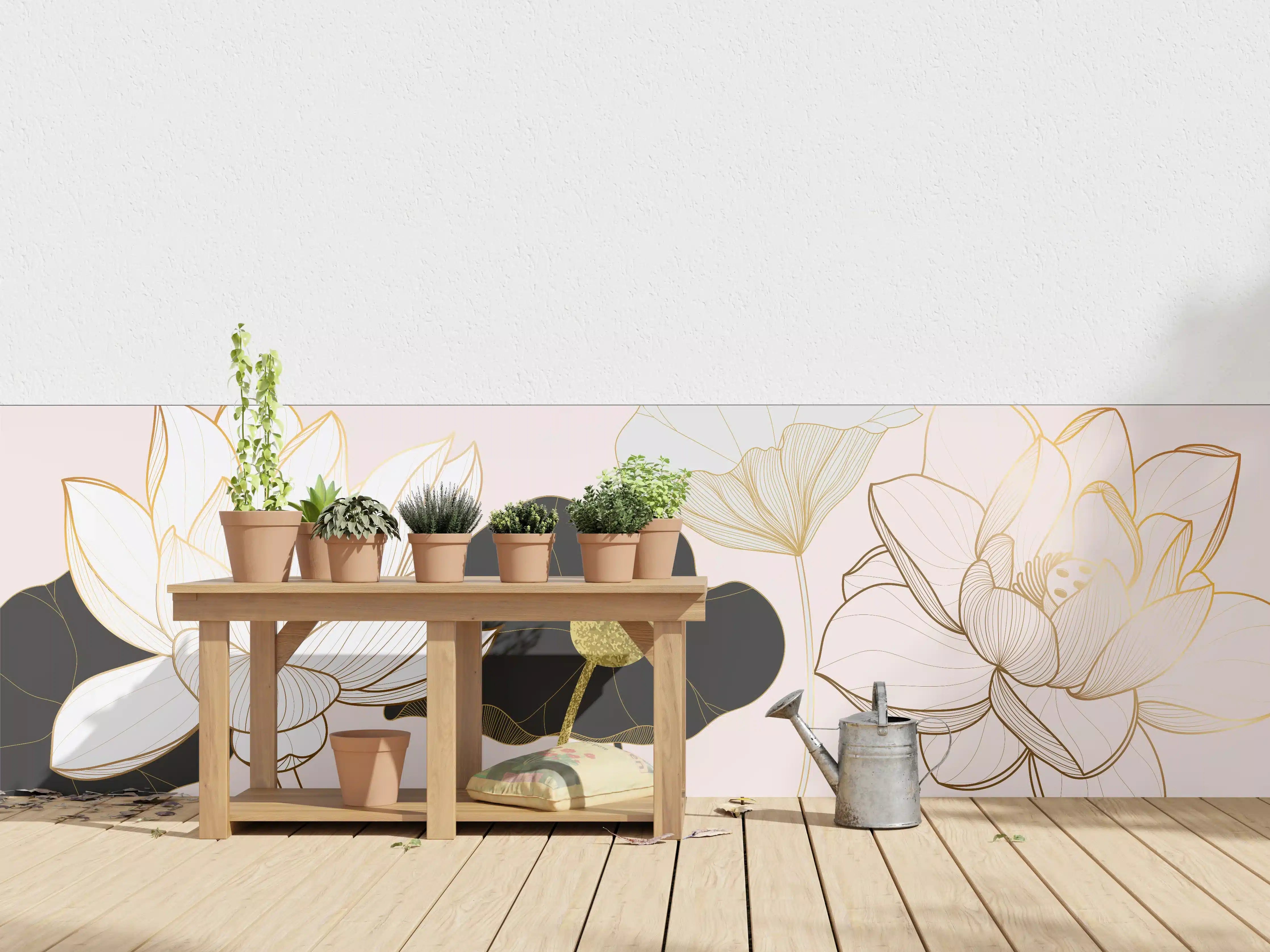 Wandverkleidung außen - Goldene Lotusblumen auf Schwarz