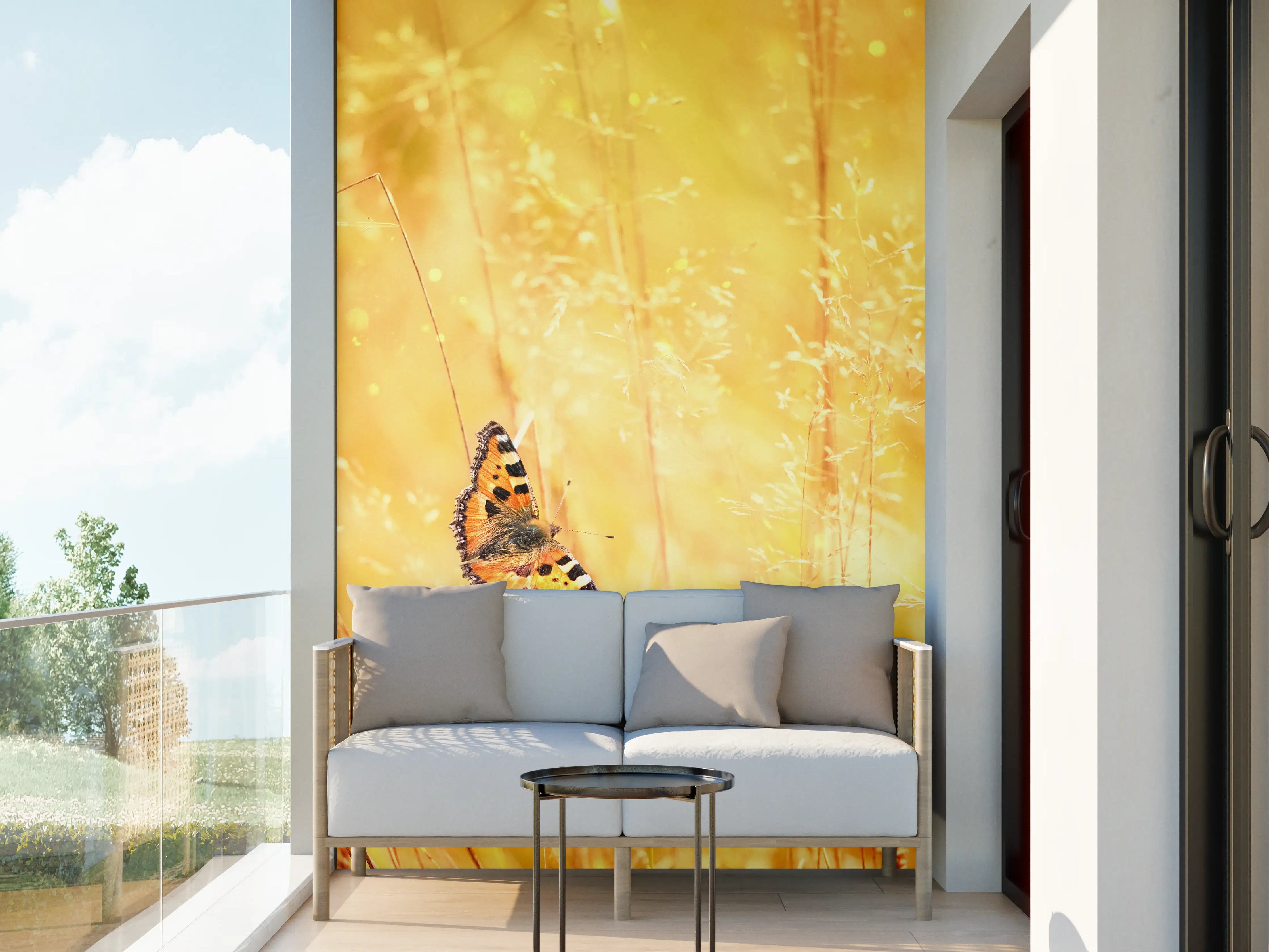 Wandverkleidung außen - Goldener Sonnenuntergang mit Schmetterling