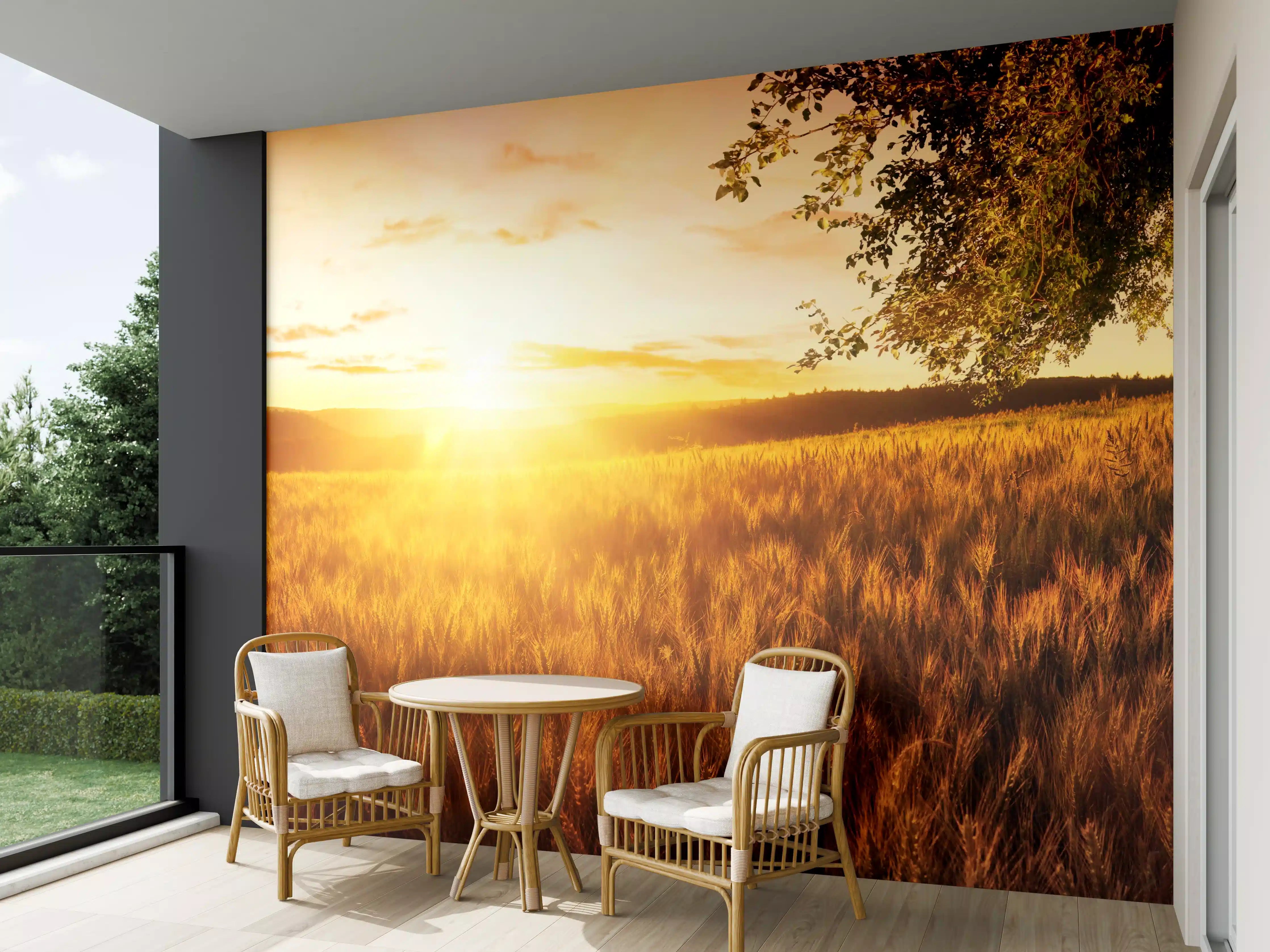 Wandverkleidung außen - Goldener Sonnenuntergang über Feld mit Baum