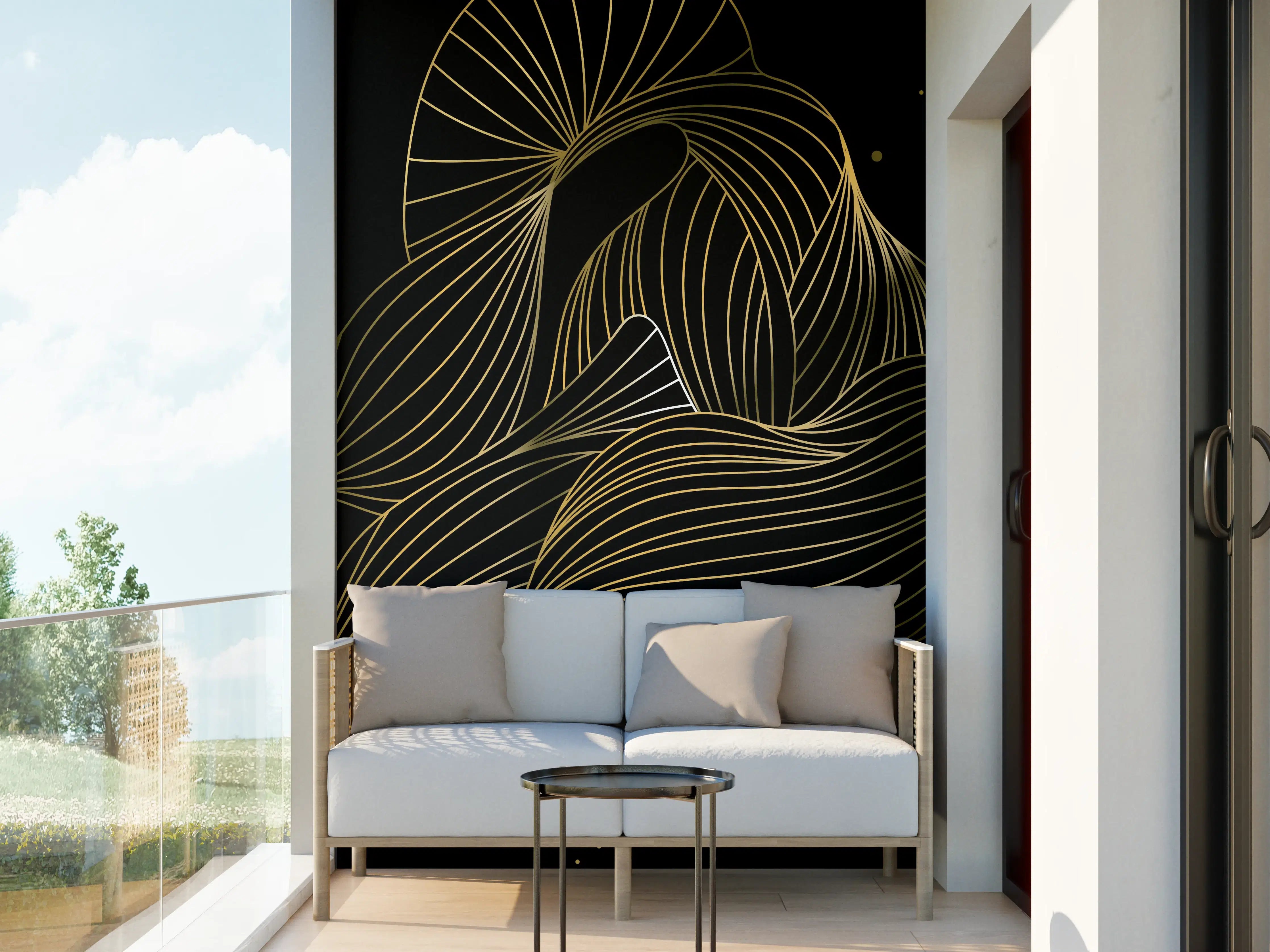 Wandverkleidung außen - Goldenes Linienmuster auf Schwarz