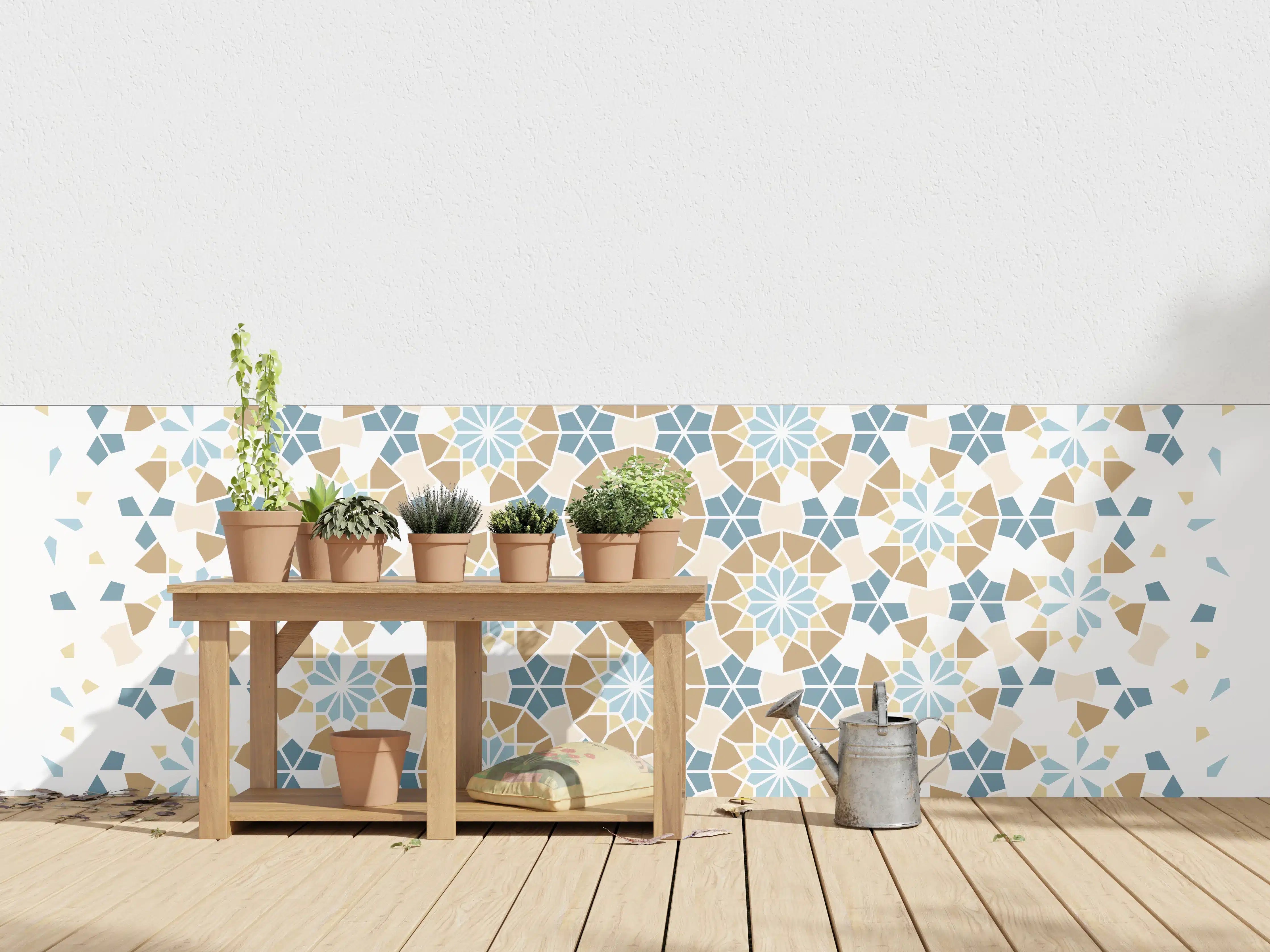 Wandverkleidung außen - Grafisches Blau Beige Muster