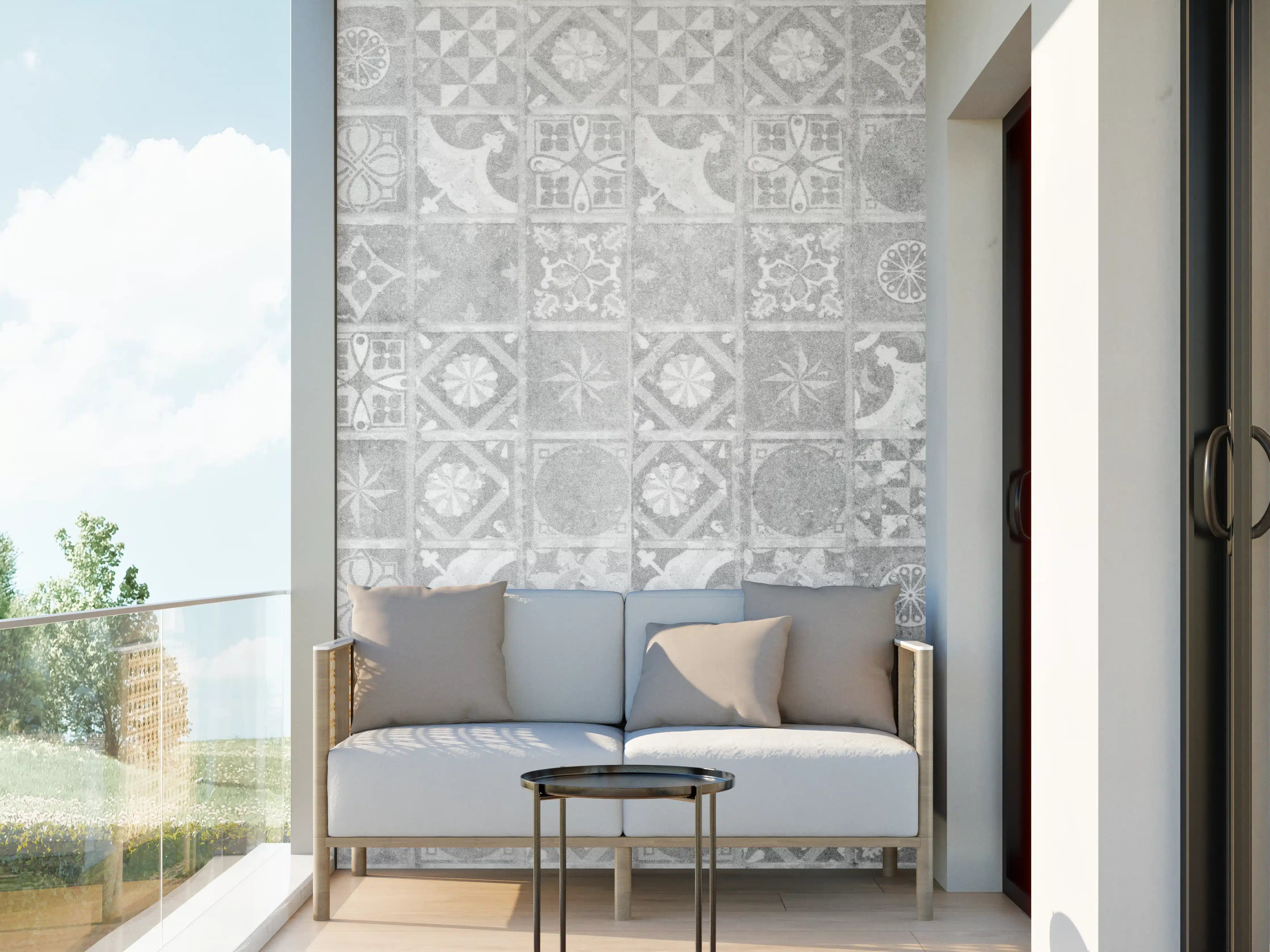 Wandverkleidung außen - Graue Mosaikfliesen mit geometrischem Muster