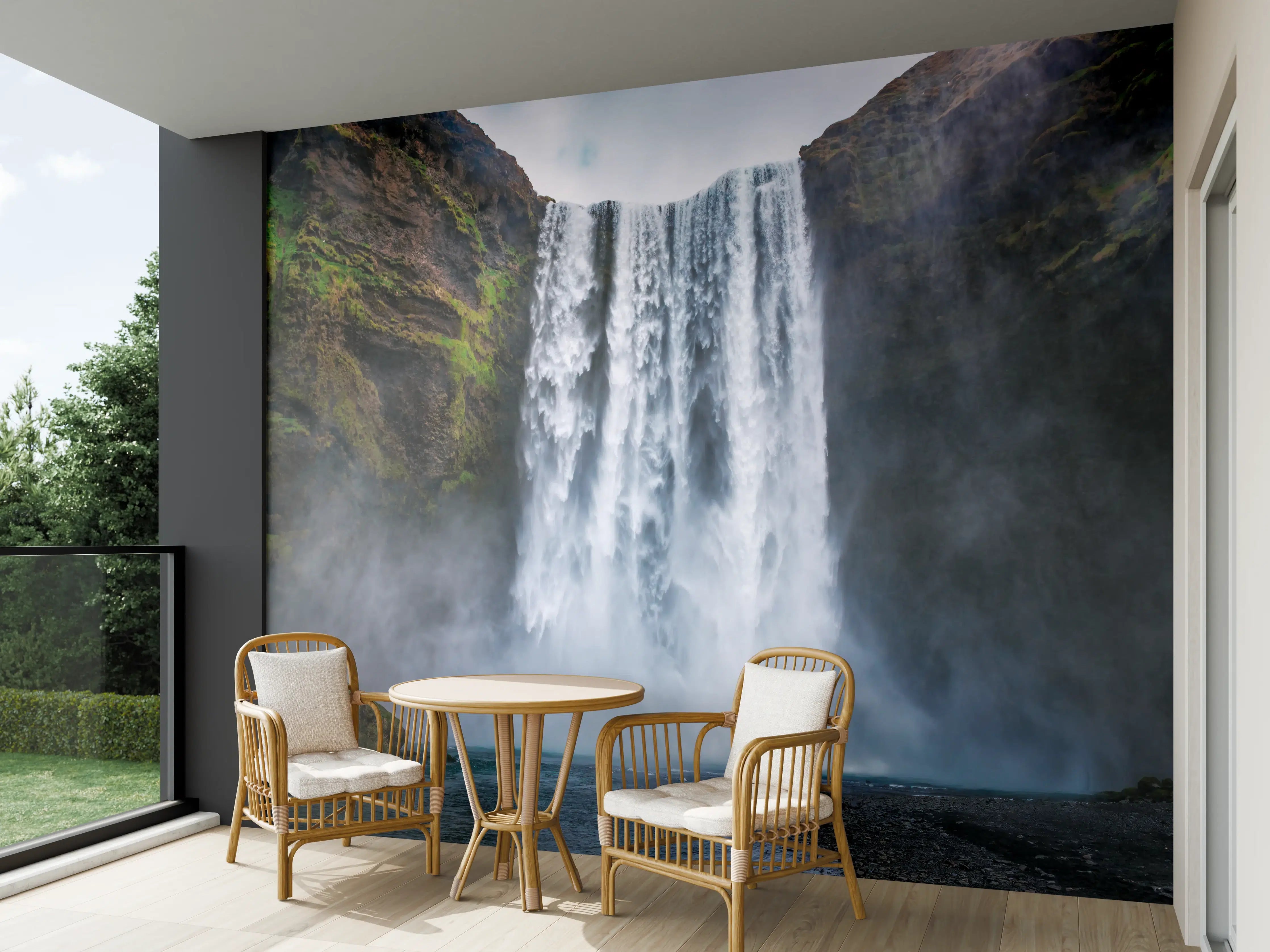 Wandverkleidung außen - Grauer Wasserfall im Nebel