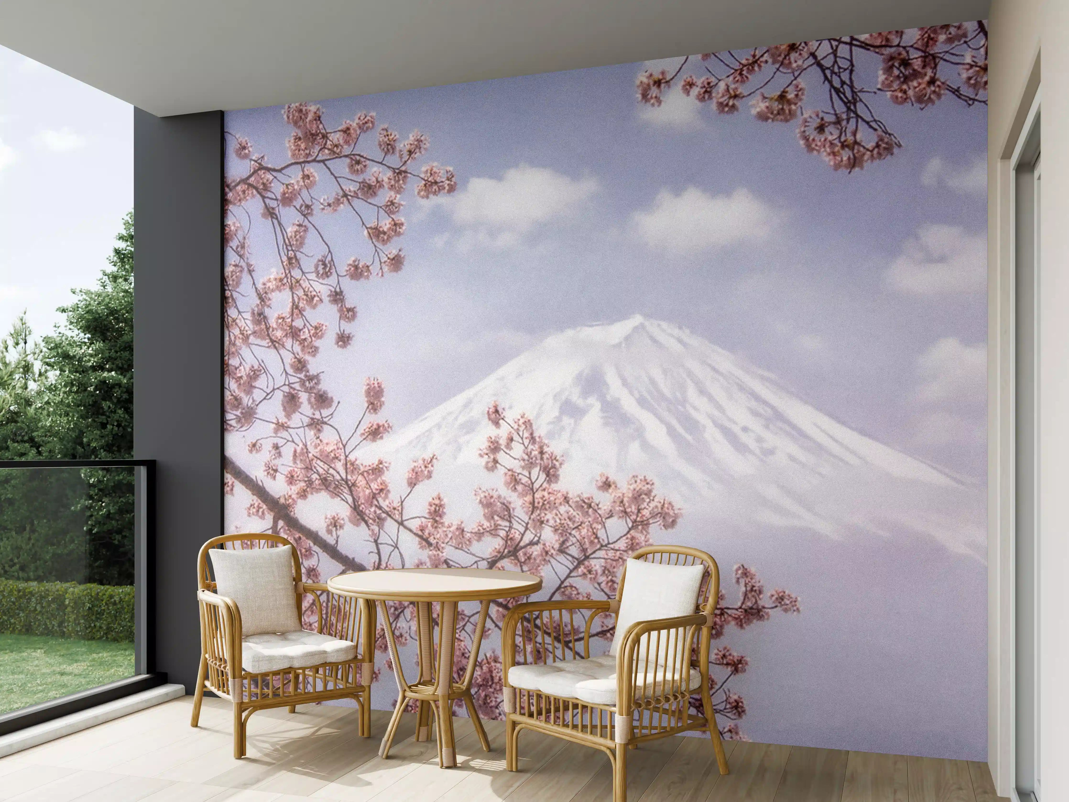 Wandverkleidung außen - Großer Berg hinter Kirchblüten - Japan