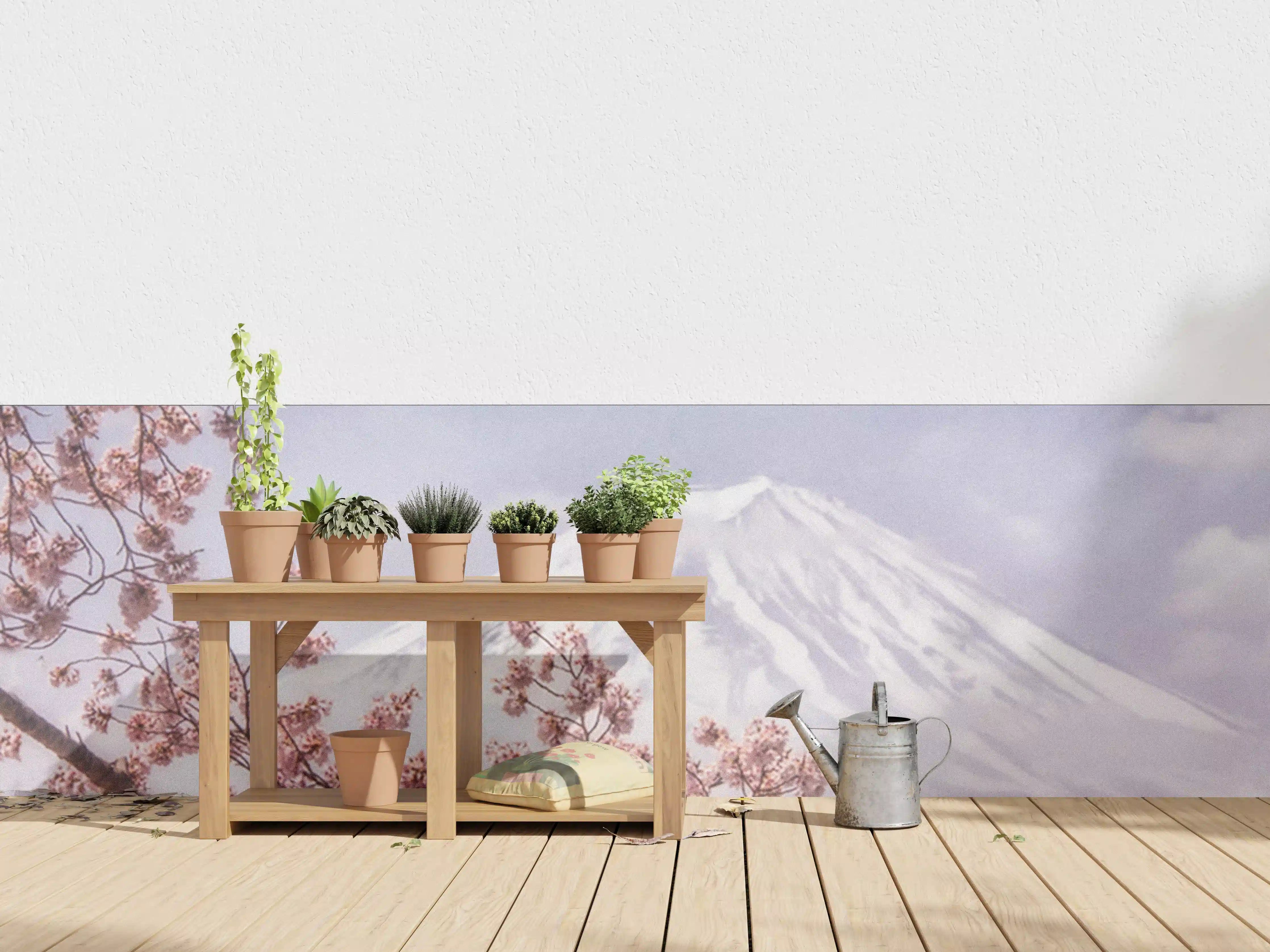 Wandverkleidung außen - Großer Berg hinter Kirchblüten - Japan