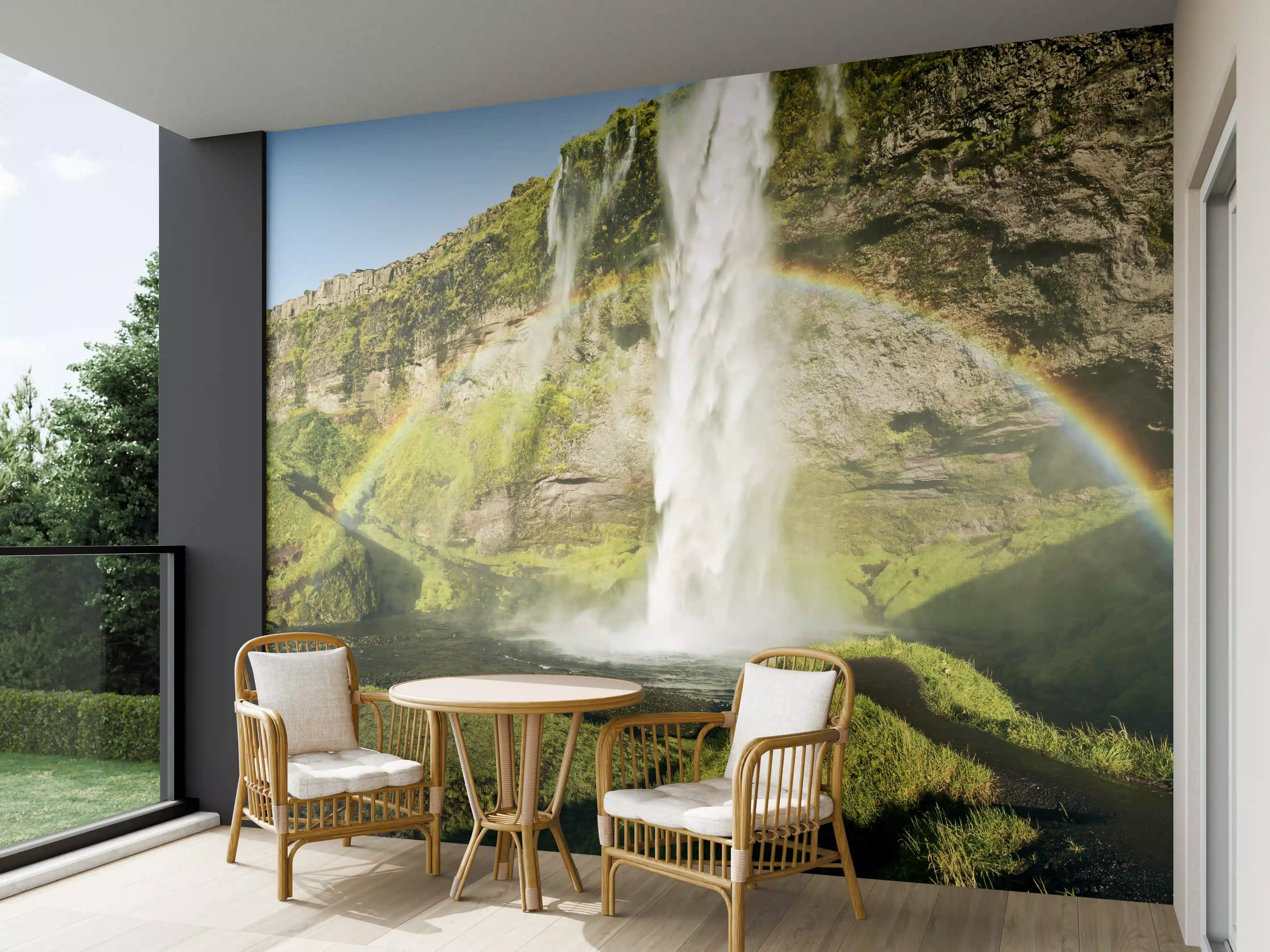 Wandverkleidung außen - Grüne Wasserfall-Landschaft mit Regenbogen