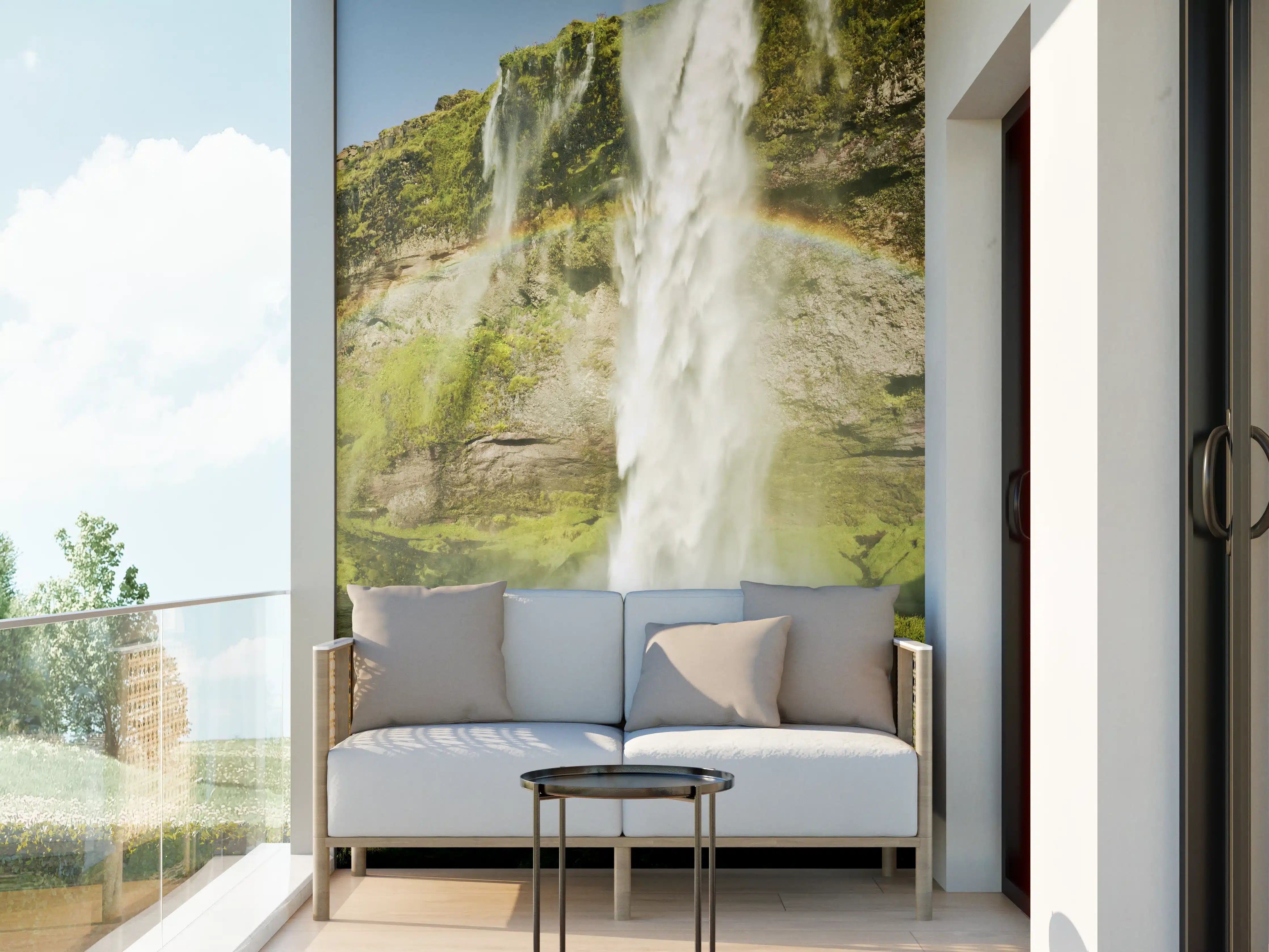 Wandverkleidung außen - Grüne Wasserfall-Landschaft mit Regenbogen