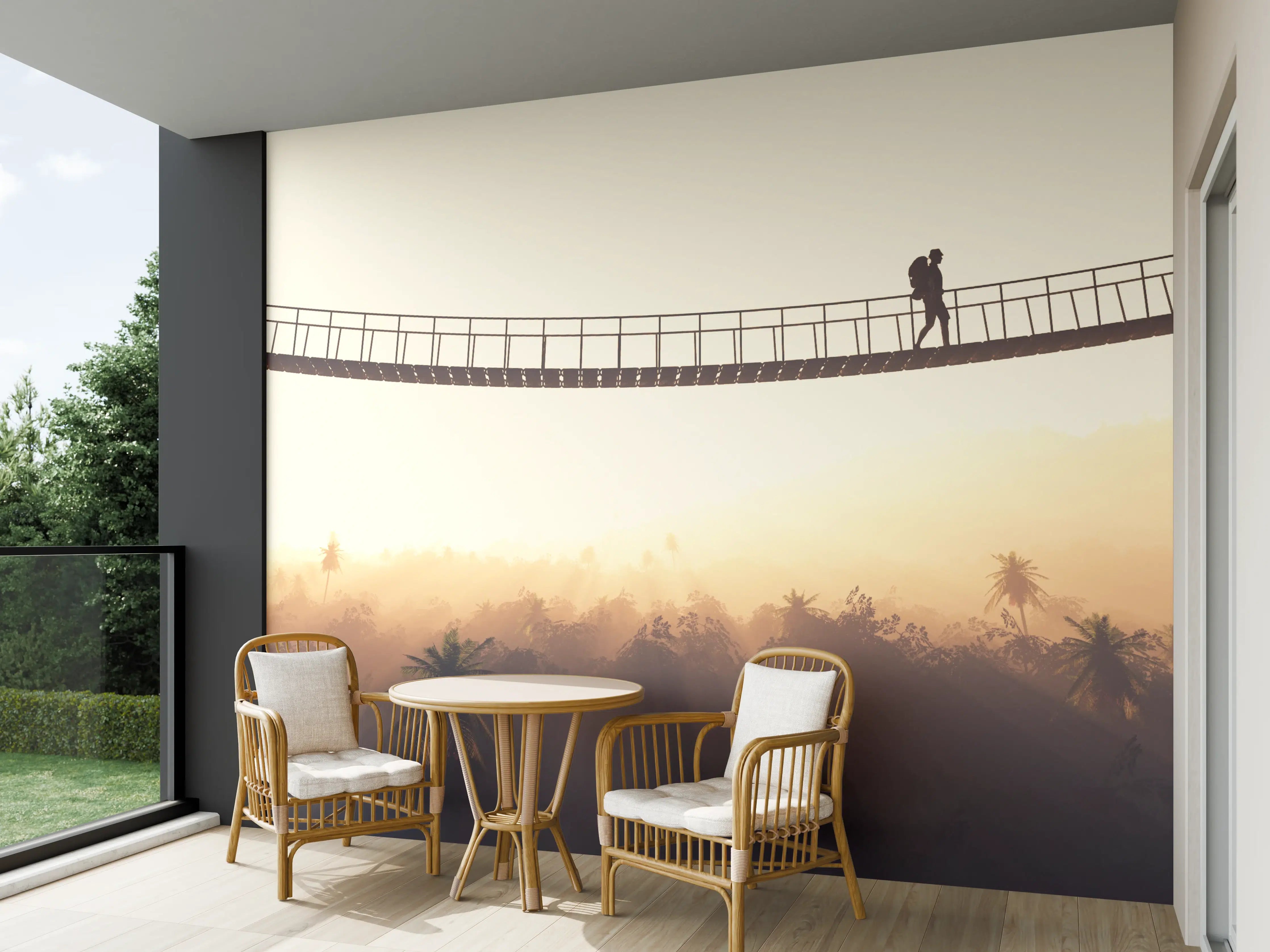 Wandverkleidung außen - Hängebrücke im Dschungel bei Sonnenaufgang