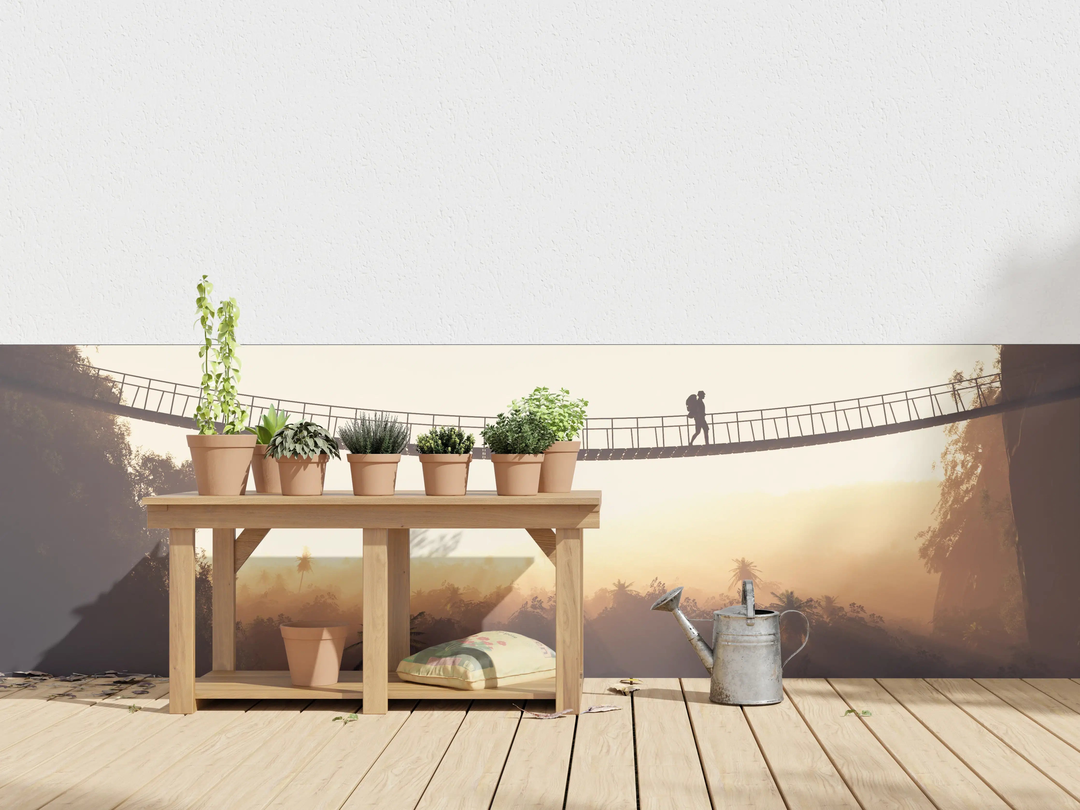 Wandverkleidung außen - Hängebrücke im Dschungel bei Sonnenaufgang