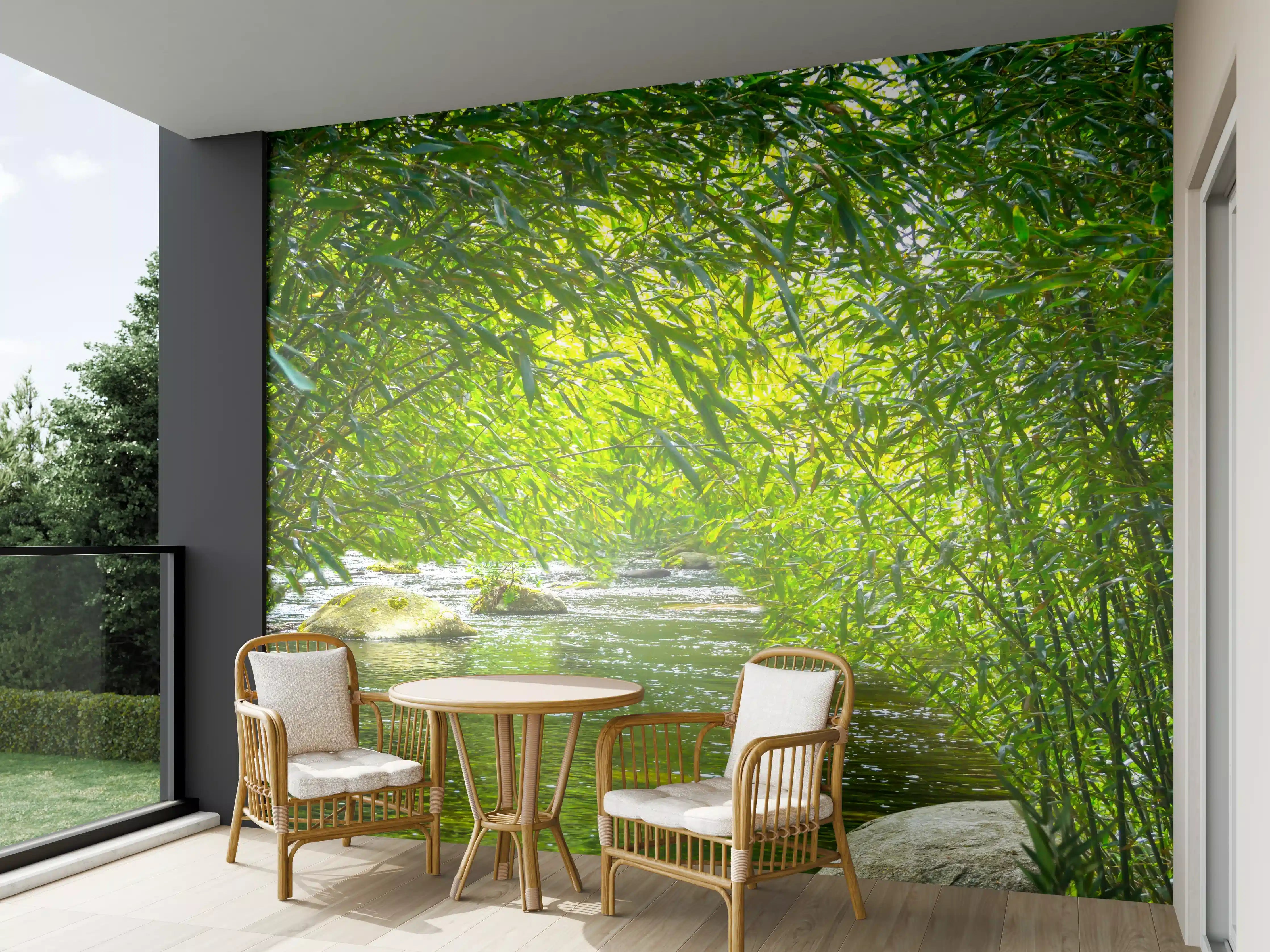 Wandverkleidung außen - Harmonischer Bach zwischen Bambuspflanzen