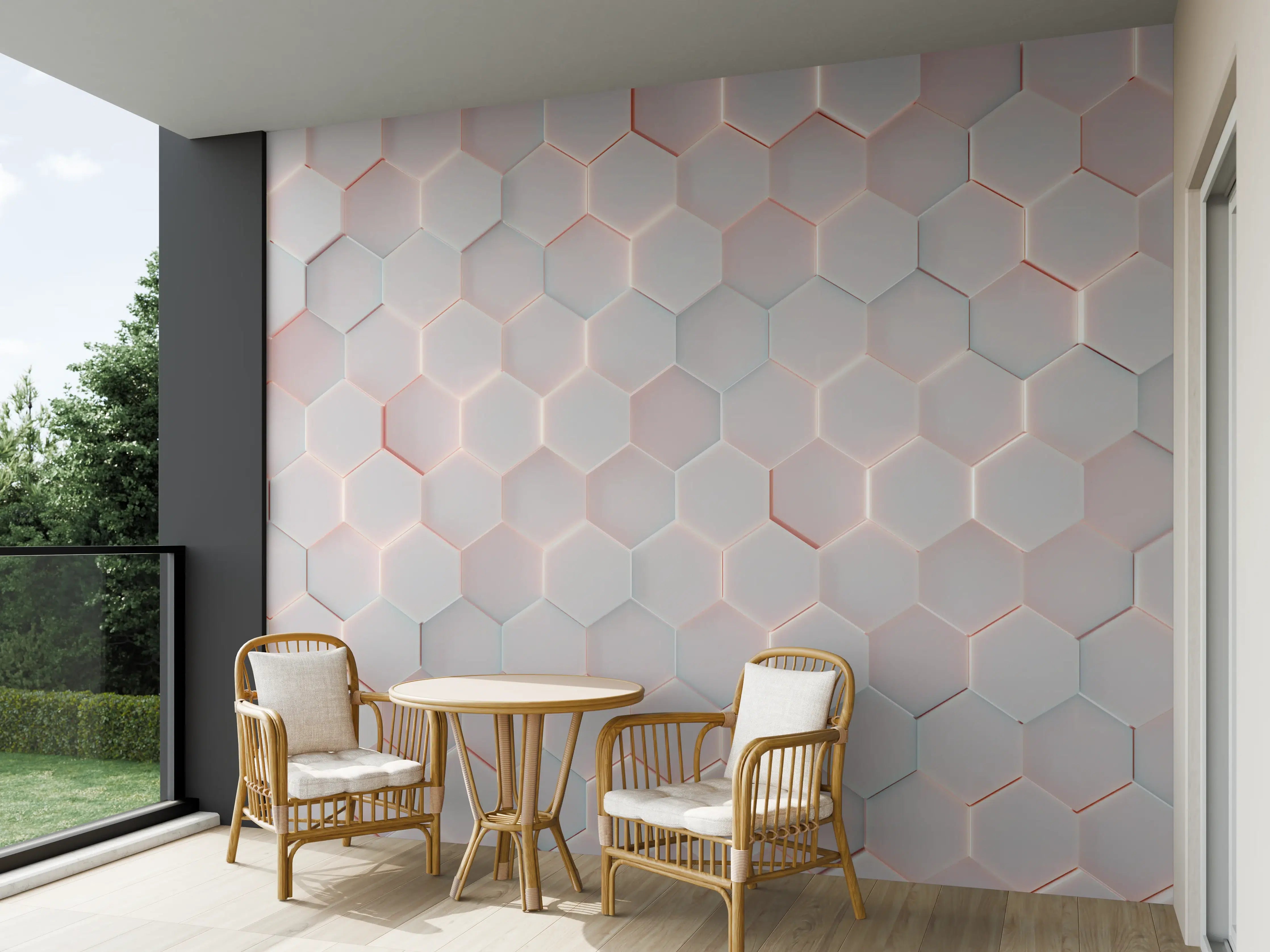 Wandverkleidung außen - Helle Hexagon-Wandfliese mit rotem Akzent