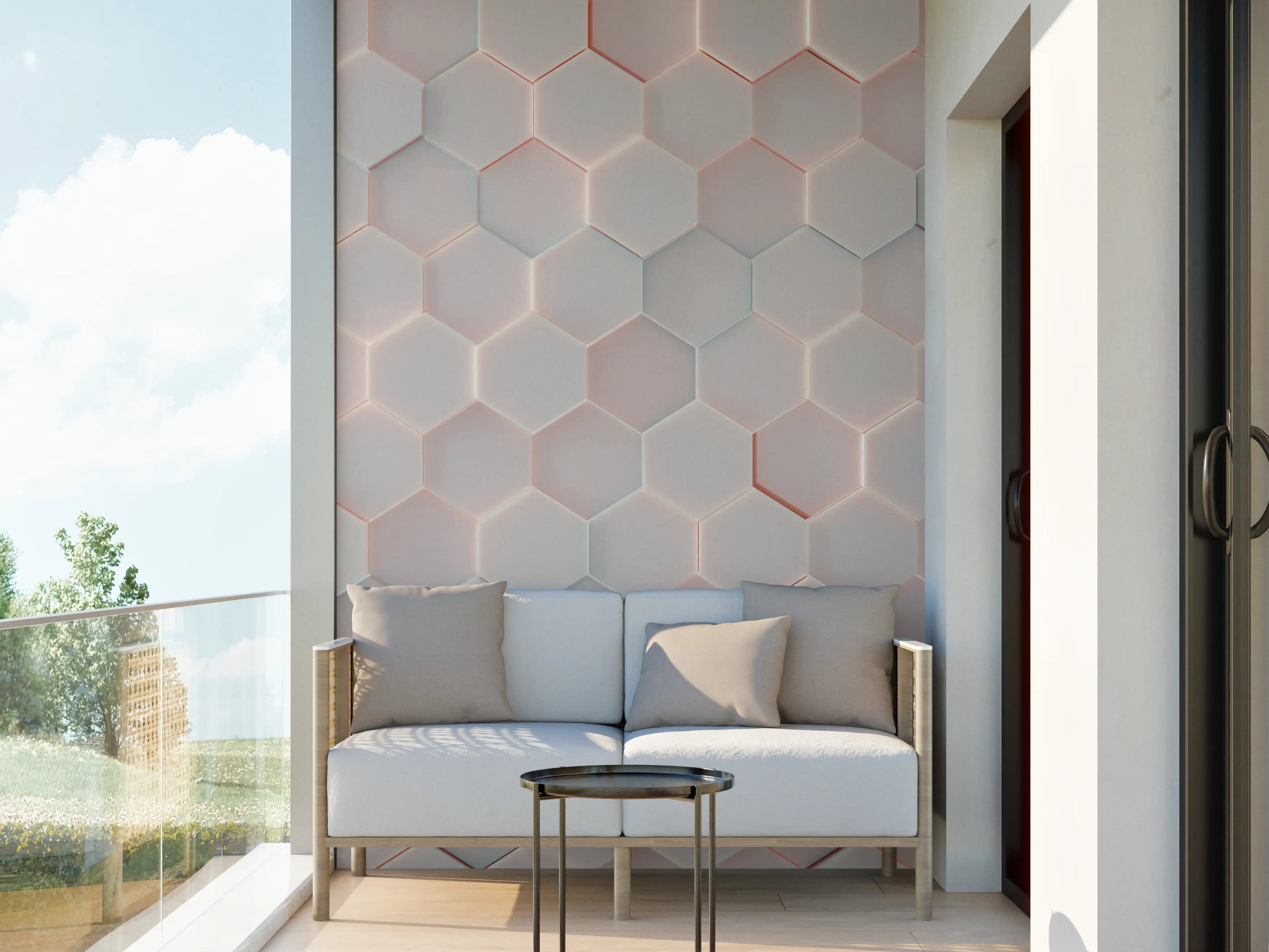 Wandverkleidung außen - Helle Hexagon-Wandfliese mit rotem Akzent