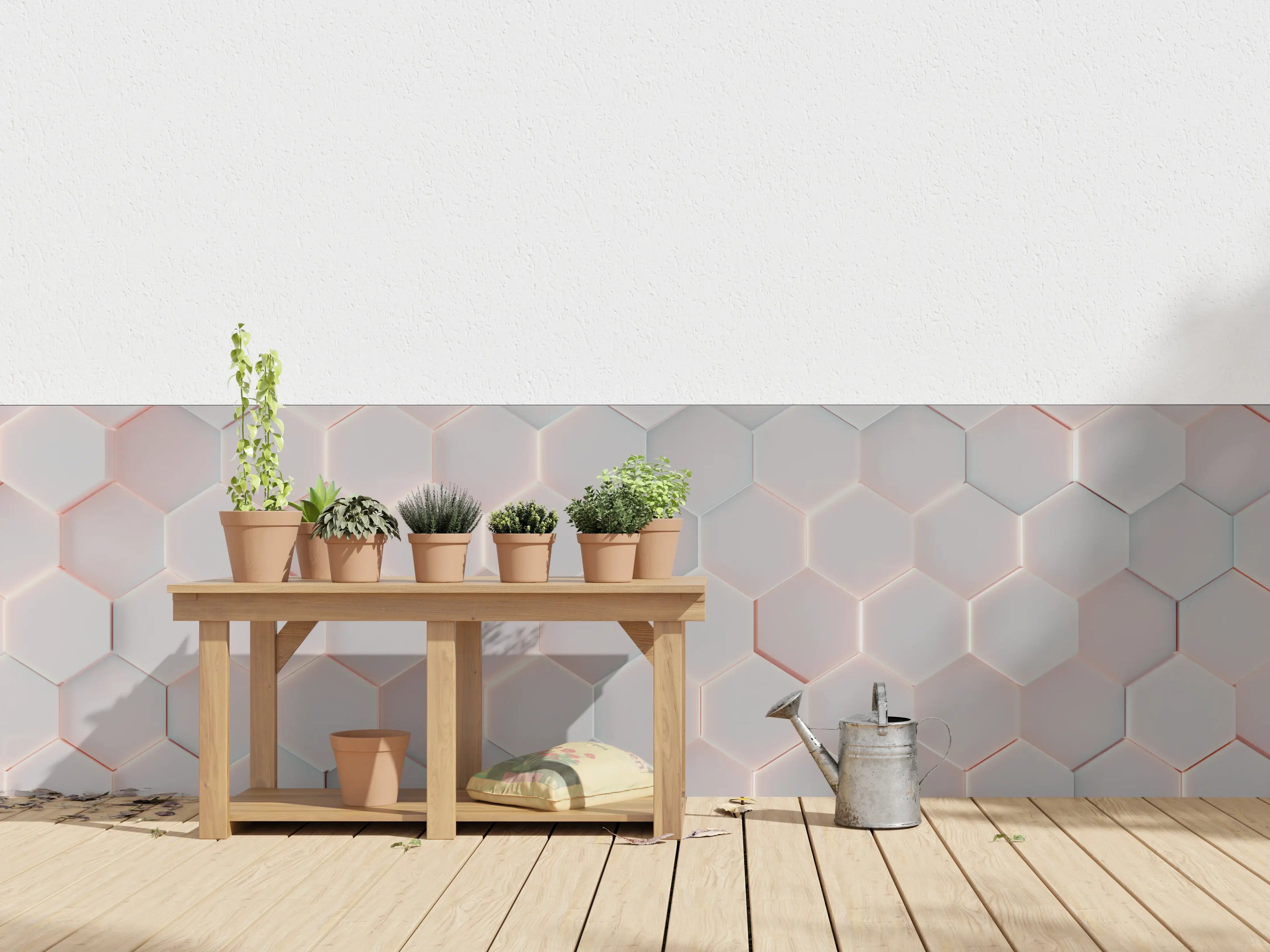 Wandverkleidung außen - Helle Hexagon-Wandfliese mit rotem Akzent