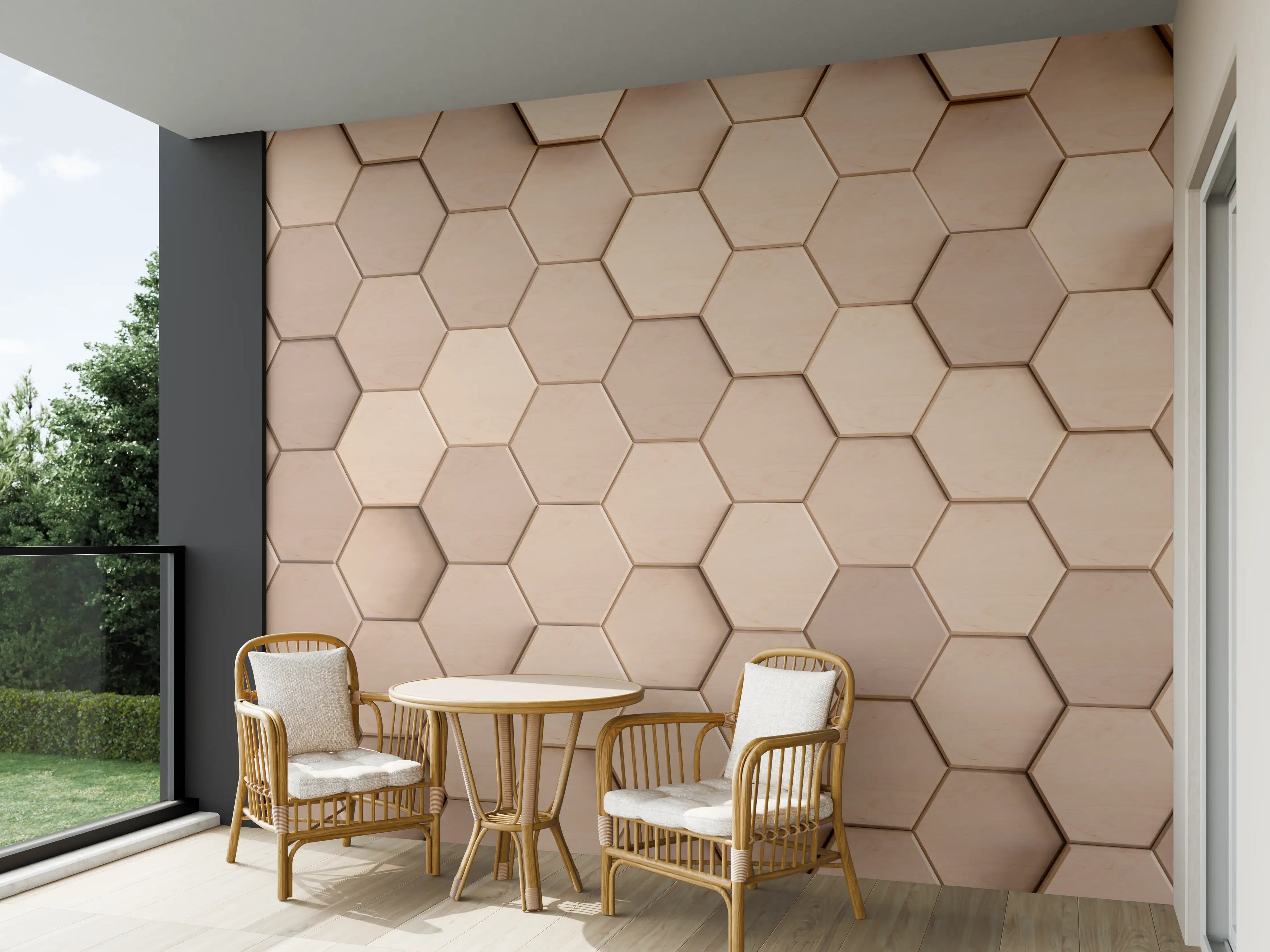 Wandverkleidung außen - Helle Holzwand mit HEXagon-Design