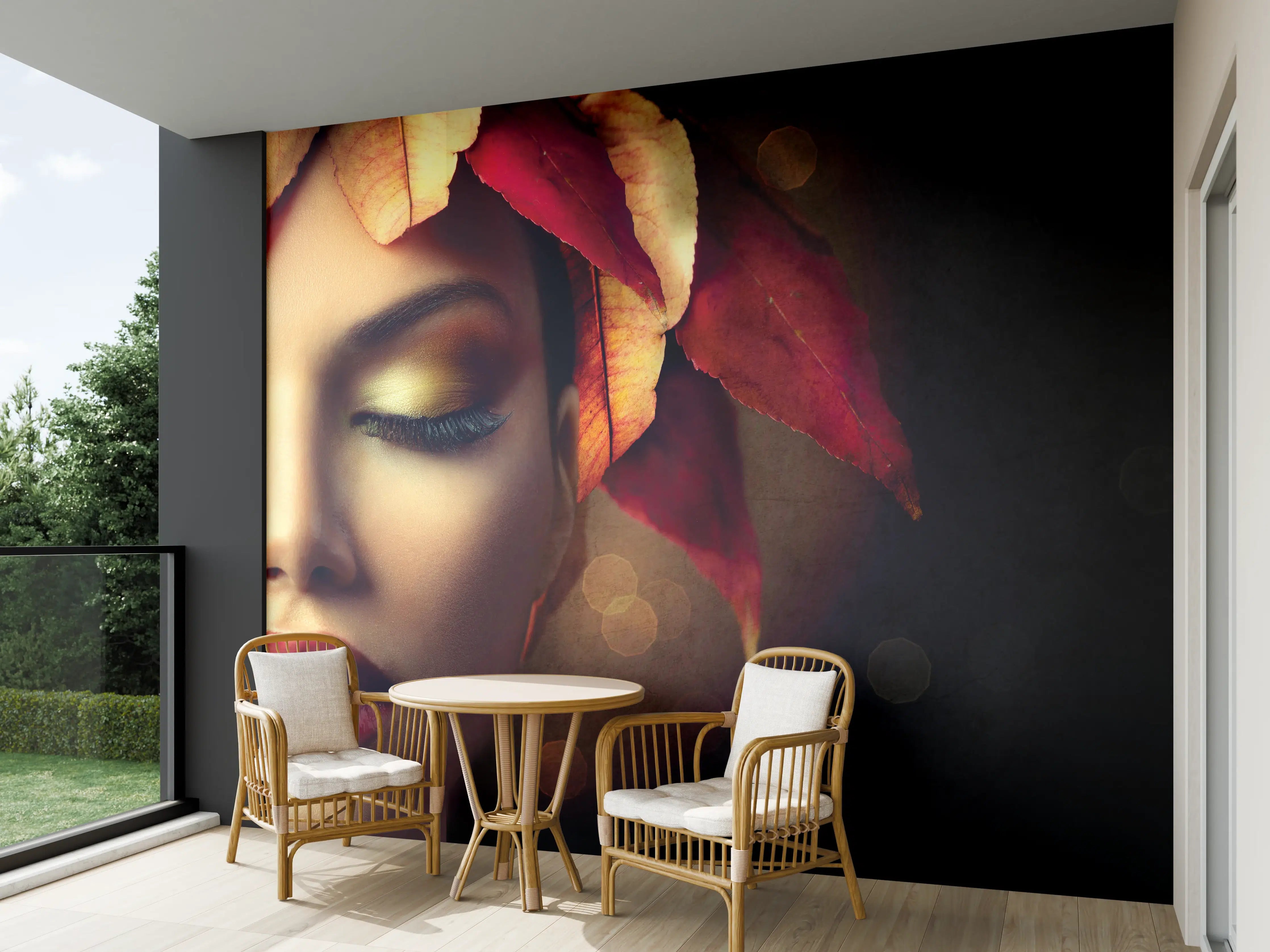 Wandverkleidung außen - Herbstblätter Frisur auf dunklem Hintergrund