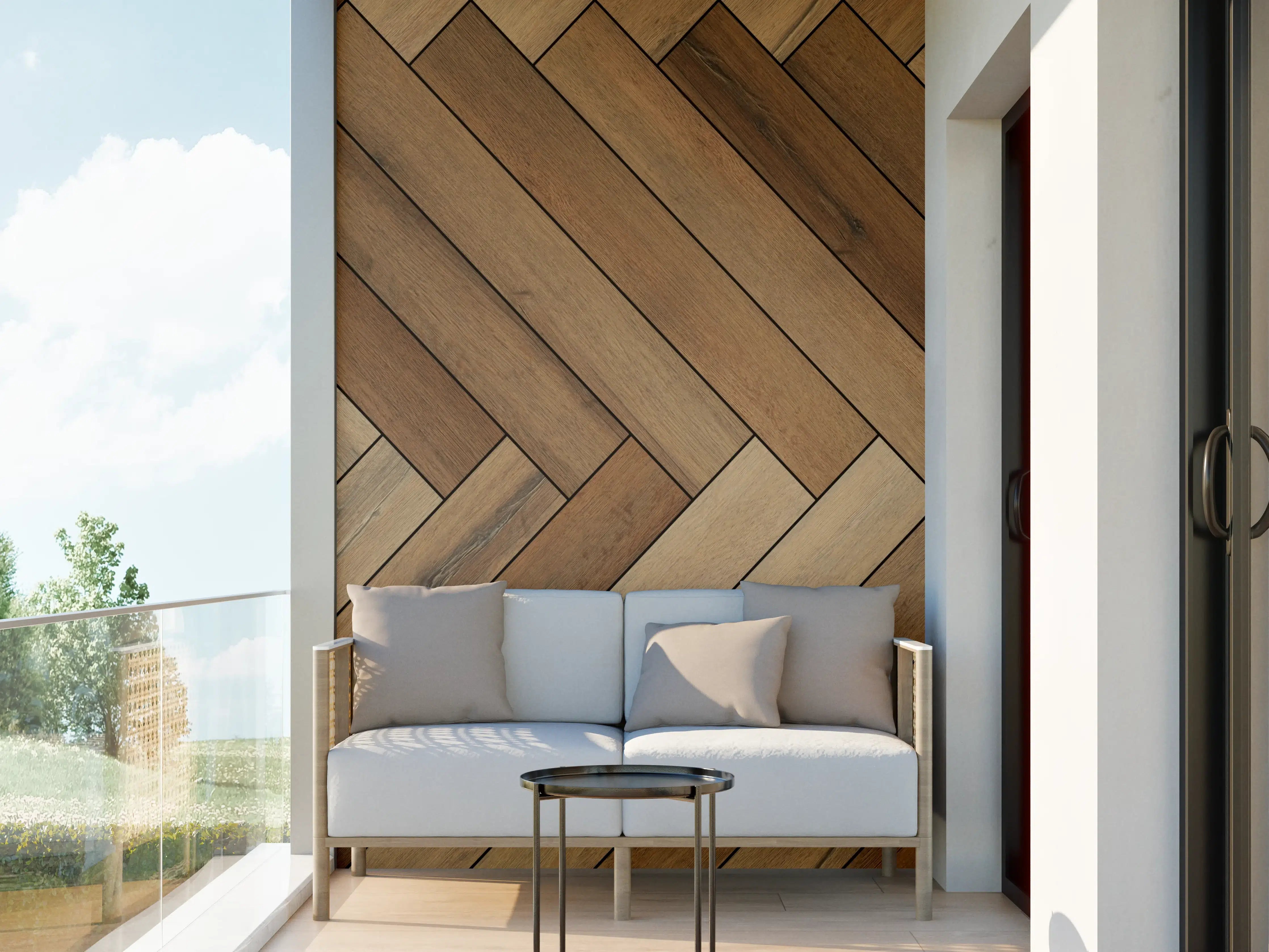Wandverkleidung außen - Herringbone-Holzboden in warmen Brauntönen