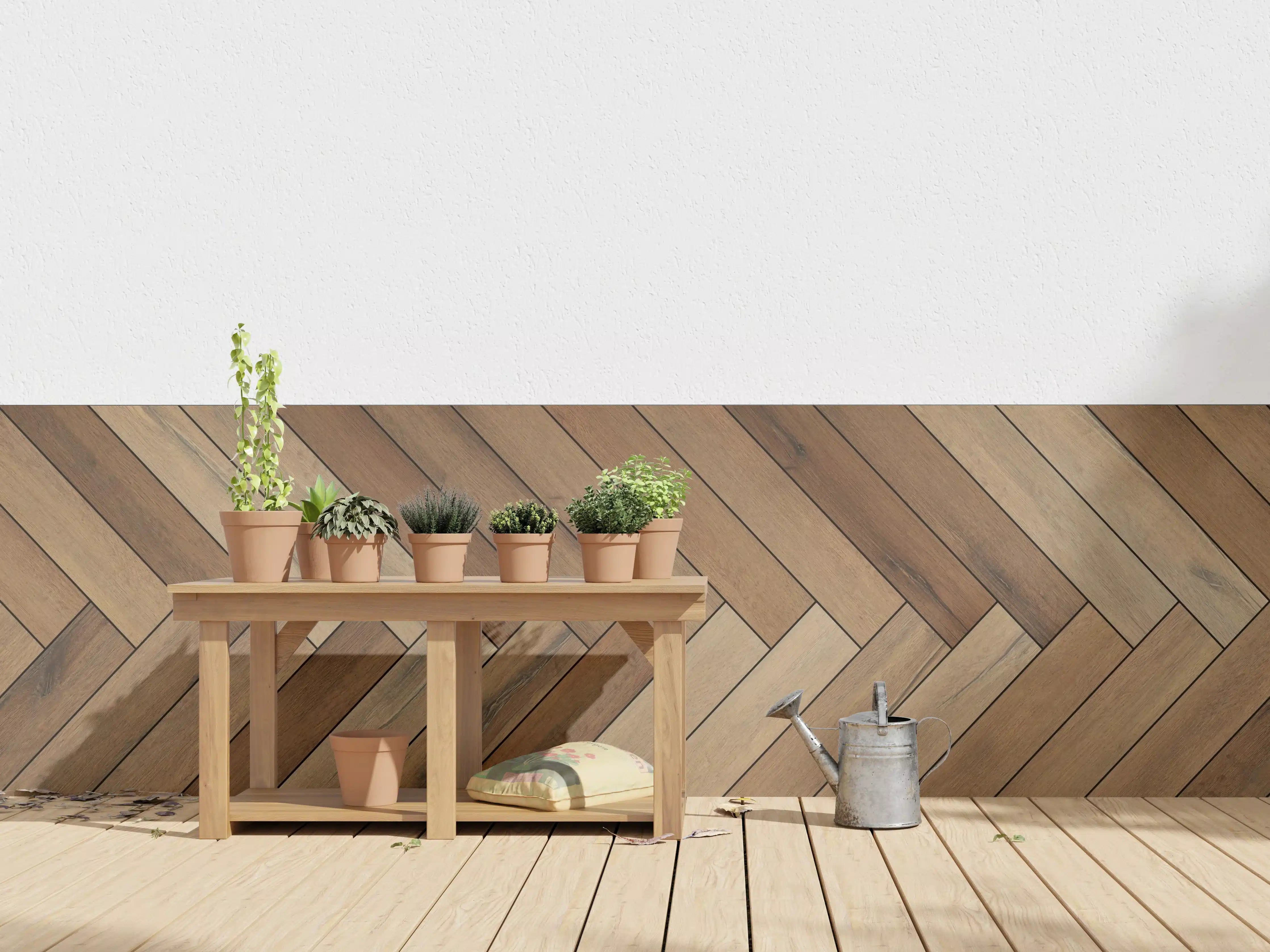 Wandverkleidung außen - Herringbone-Holzboden in warmen Brauntönen