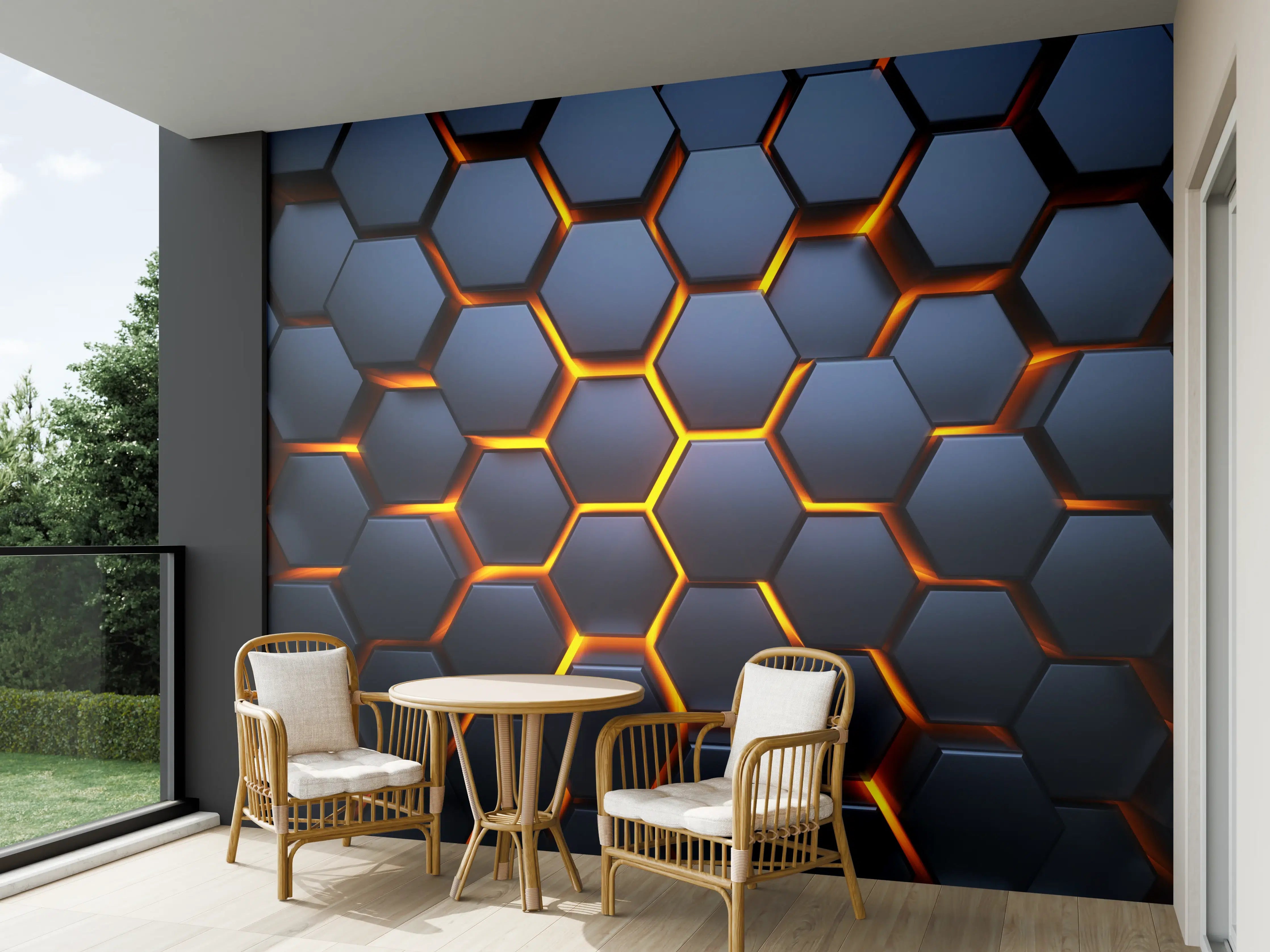 Wandverkleidung außen - Hexagon-Muster in Blau-Orange