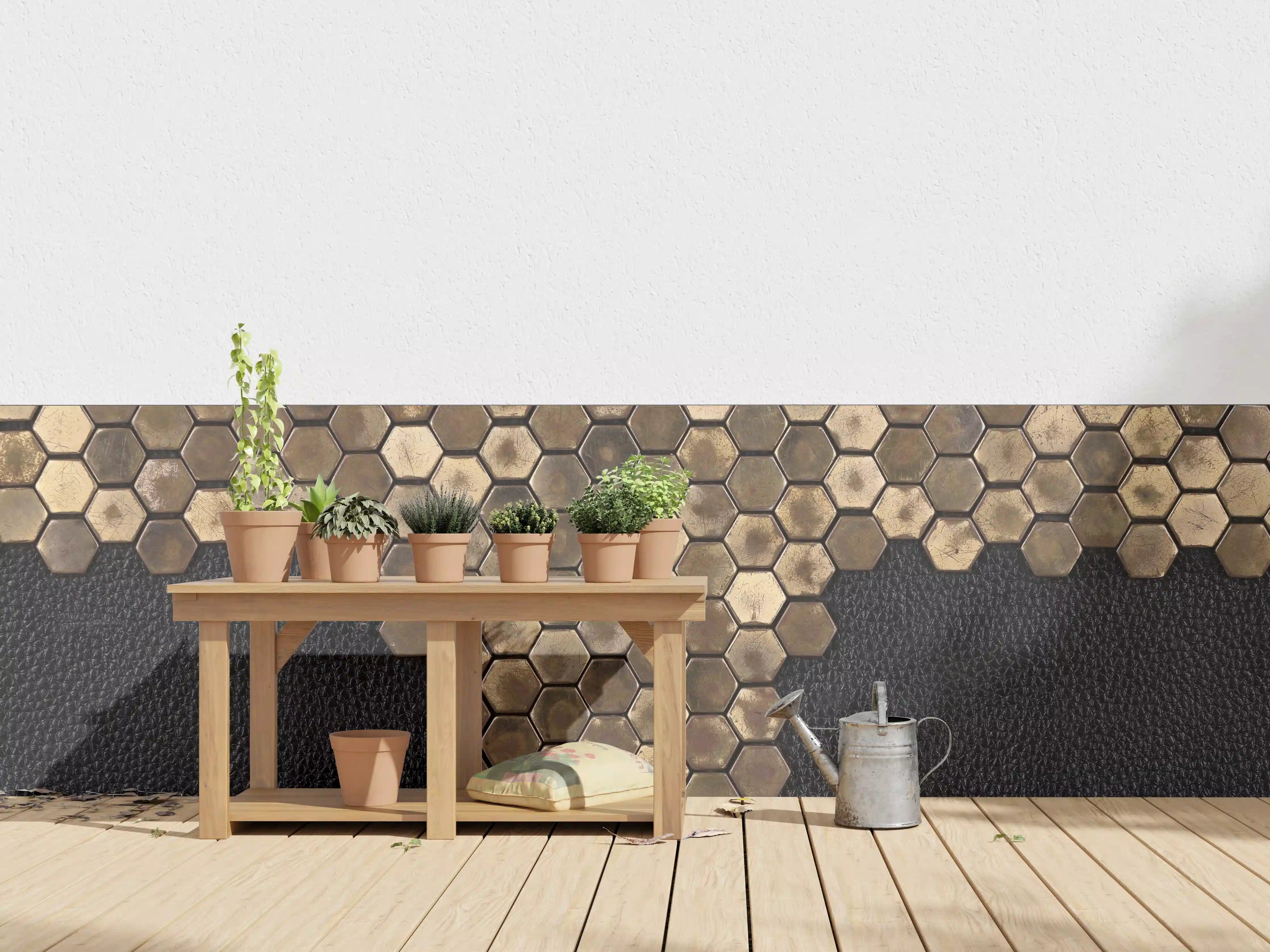 Wandverkleidung außen - Hexagonale Holzstruktur in warmen Tönen