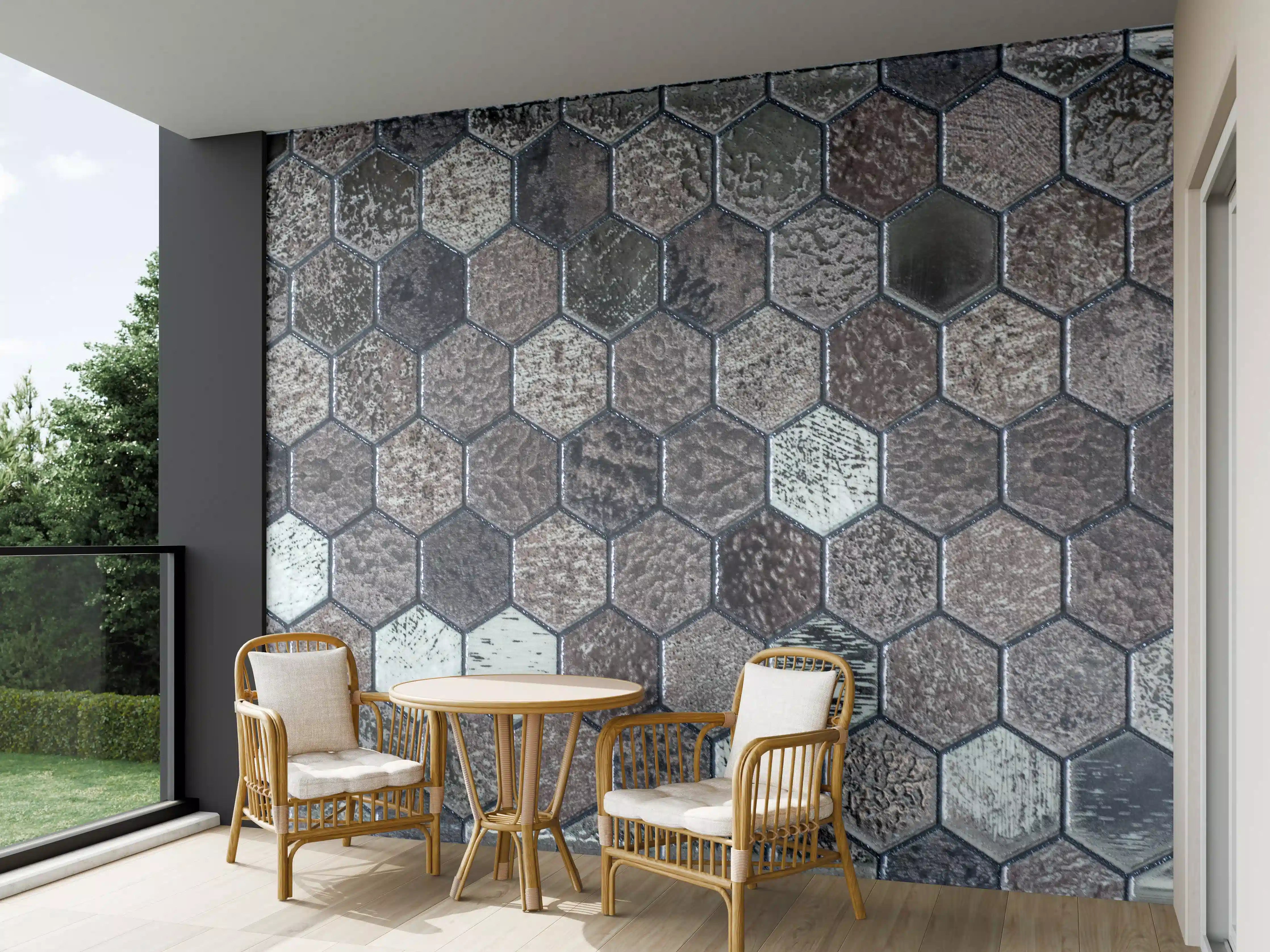 Wandverkleidung außen - Hexagonale Steinmosaik in Erdtönen