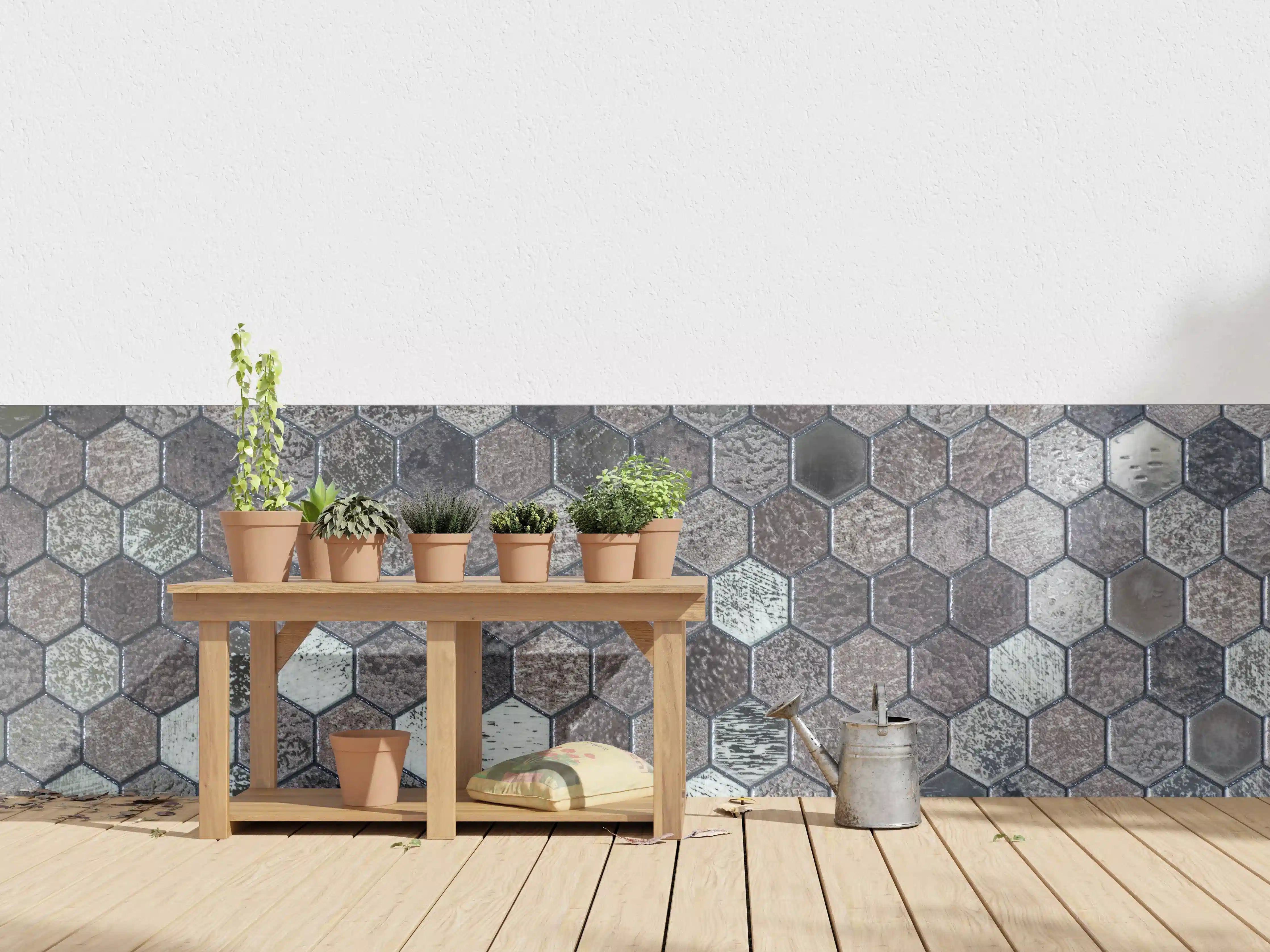 Wandverkleidung außen - Hexagonale Steinmosaik in Erdtönen