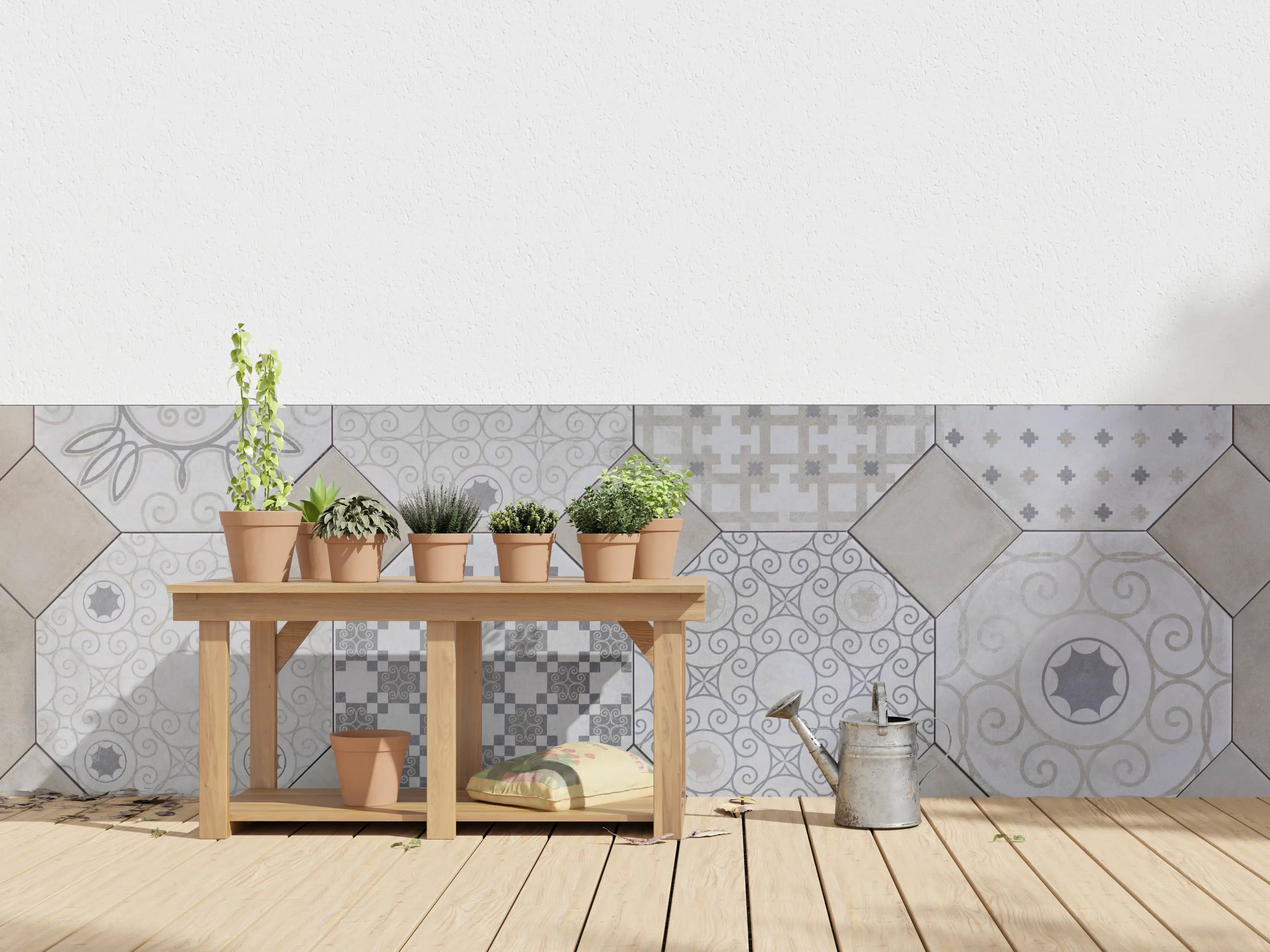Wandverkleidung außen - Hexagonale Weiß-Grau Fliesenmuster