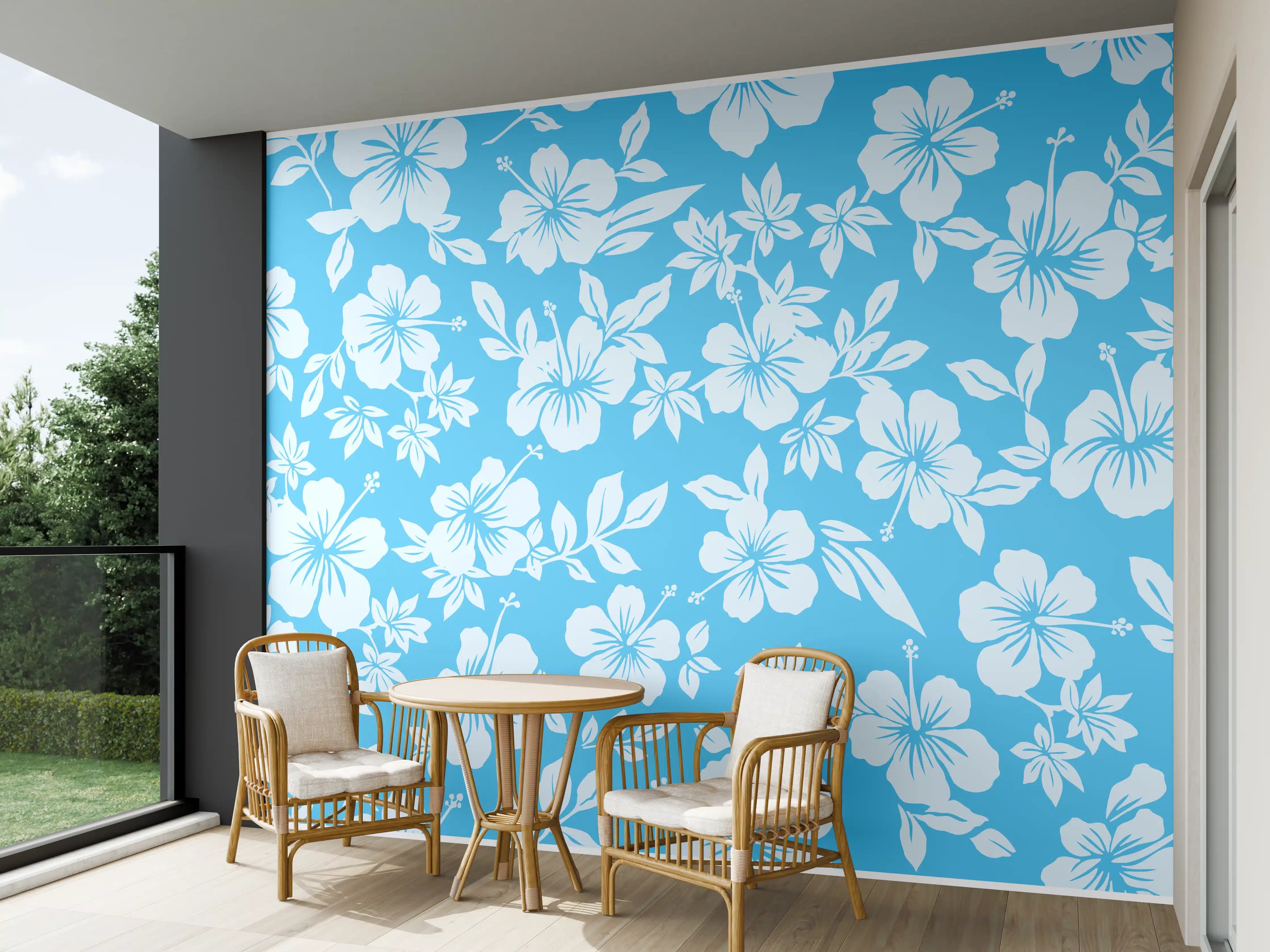 Wandverkleidung außen - Hibiskus-Muster Hellblau