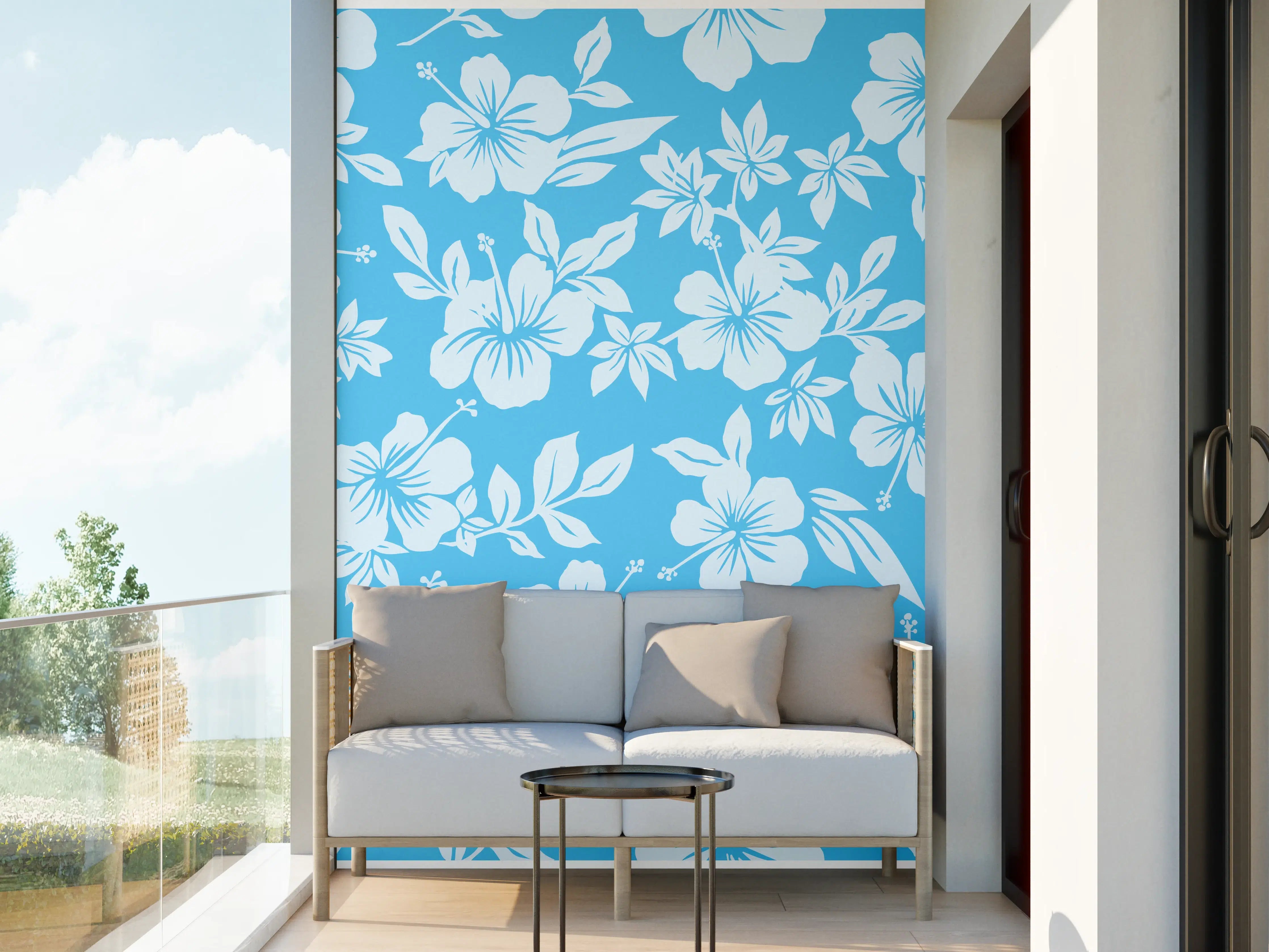 Wandverkleidung außen - Hibiskus-Muster Hellblau