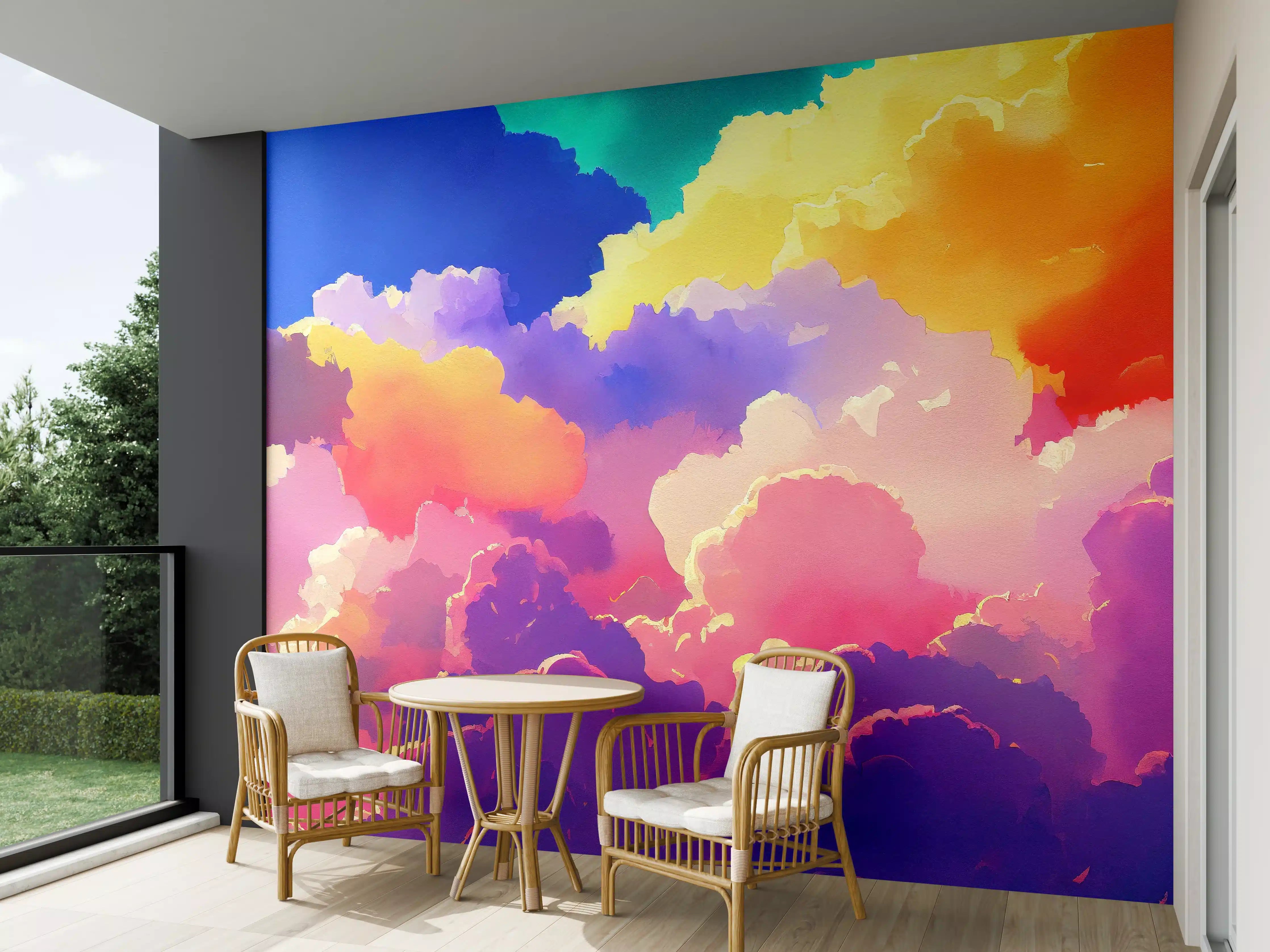 Wandverkleidung außen - Himmel mit Wolken. Aquarell Illustration von farbigen Wolken.