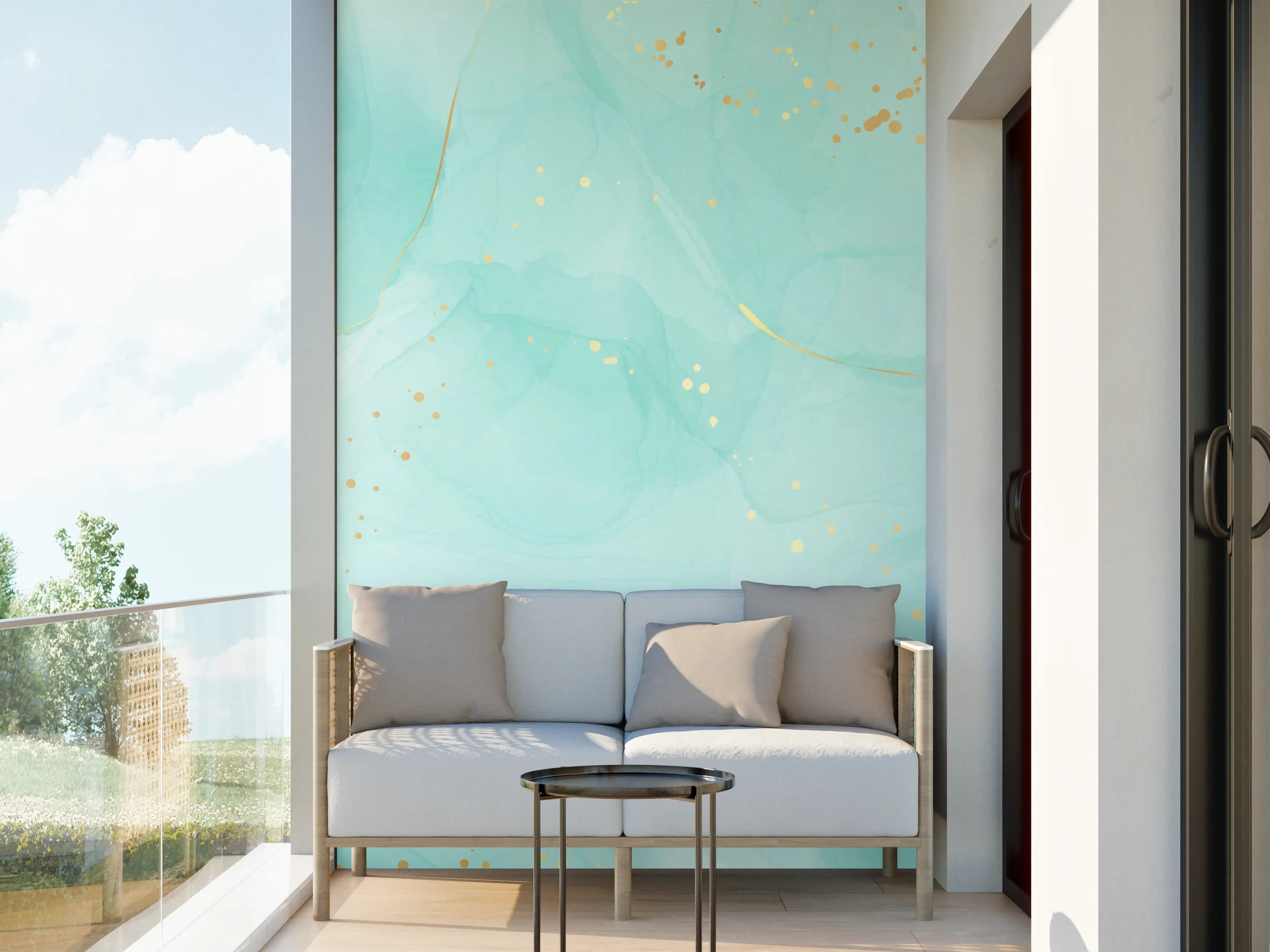 Wandverkleidung außen - Hintergrund in zartem Aquamarin mit goldenen Akzenten