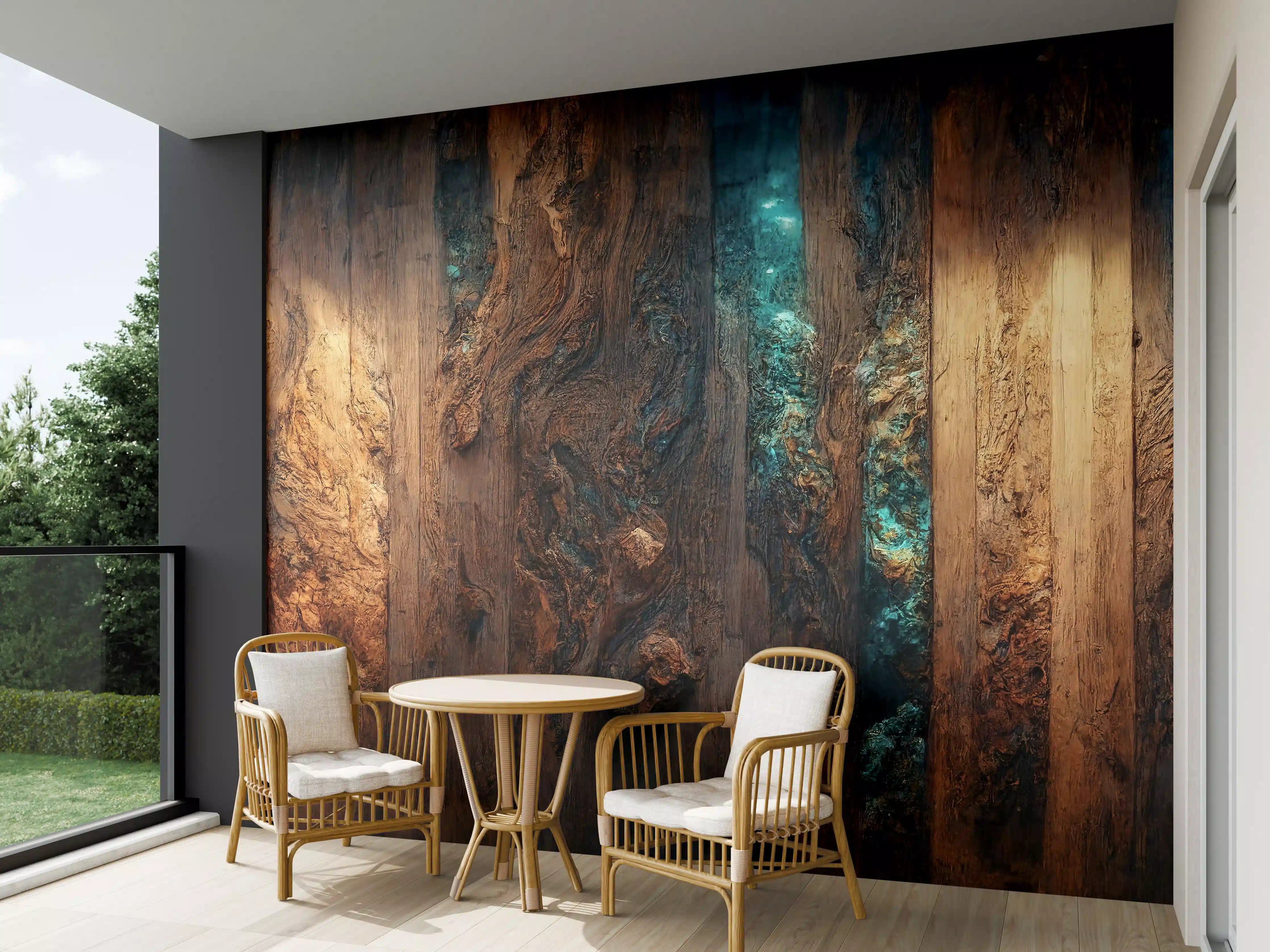 Wandverkleidung außen - Holztisch mit blauen Epoxidharz