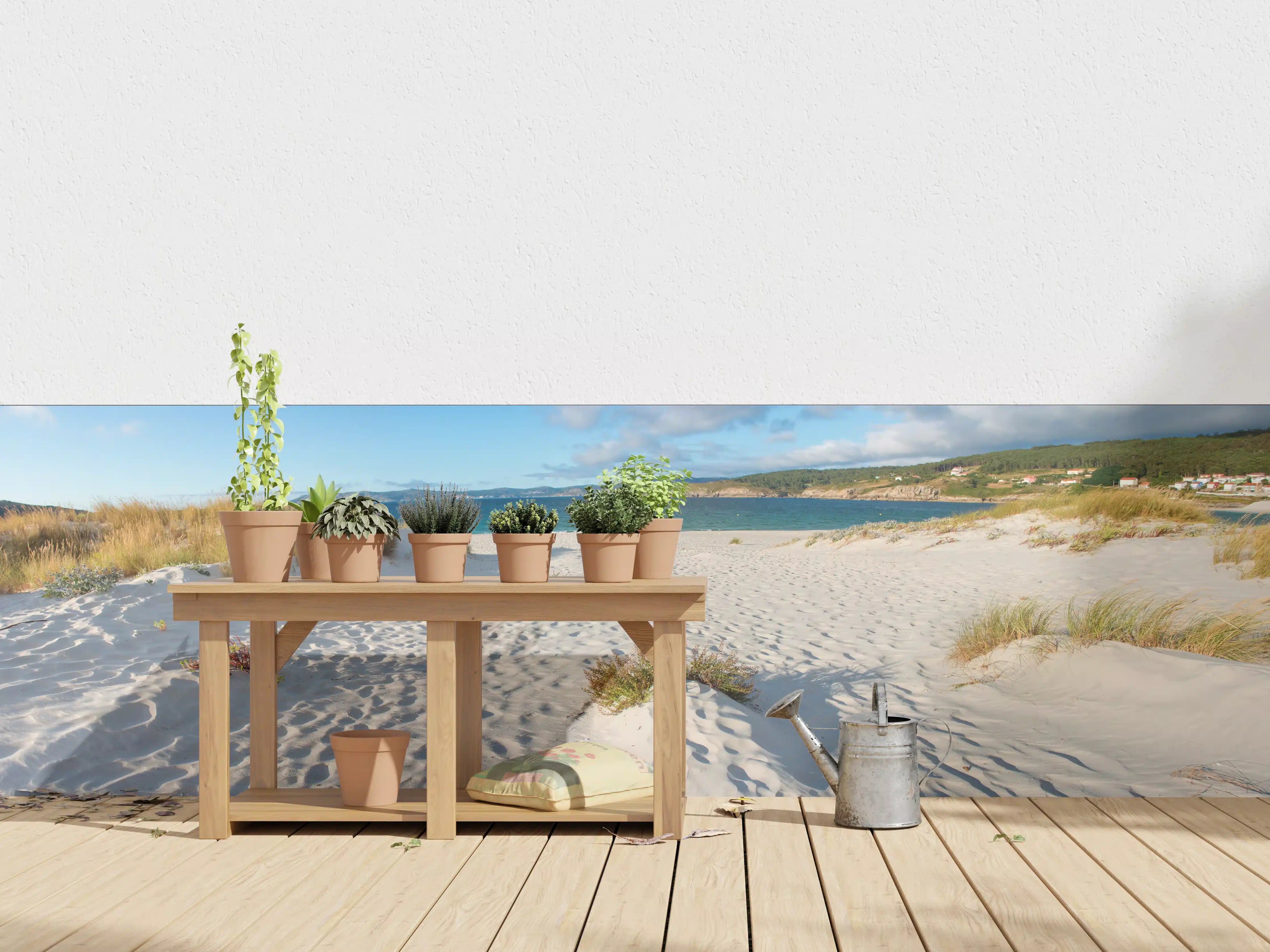Wandverkleidung außen - Idyllische Strandlandschaft im sanften Weiß-Blau