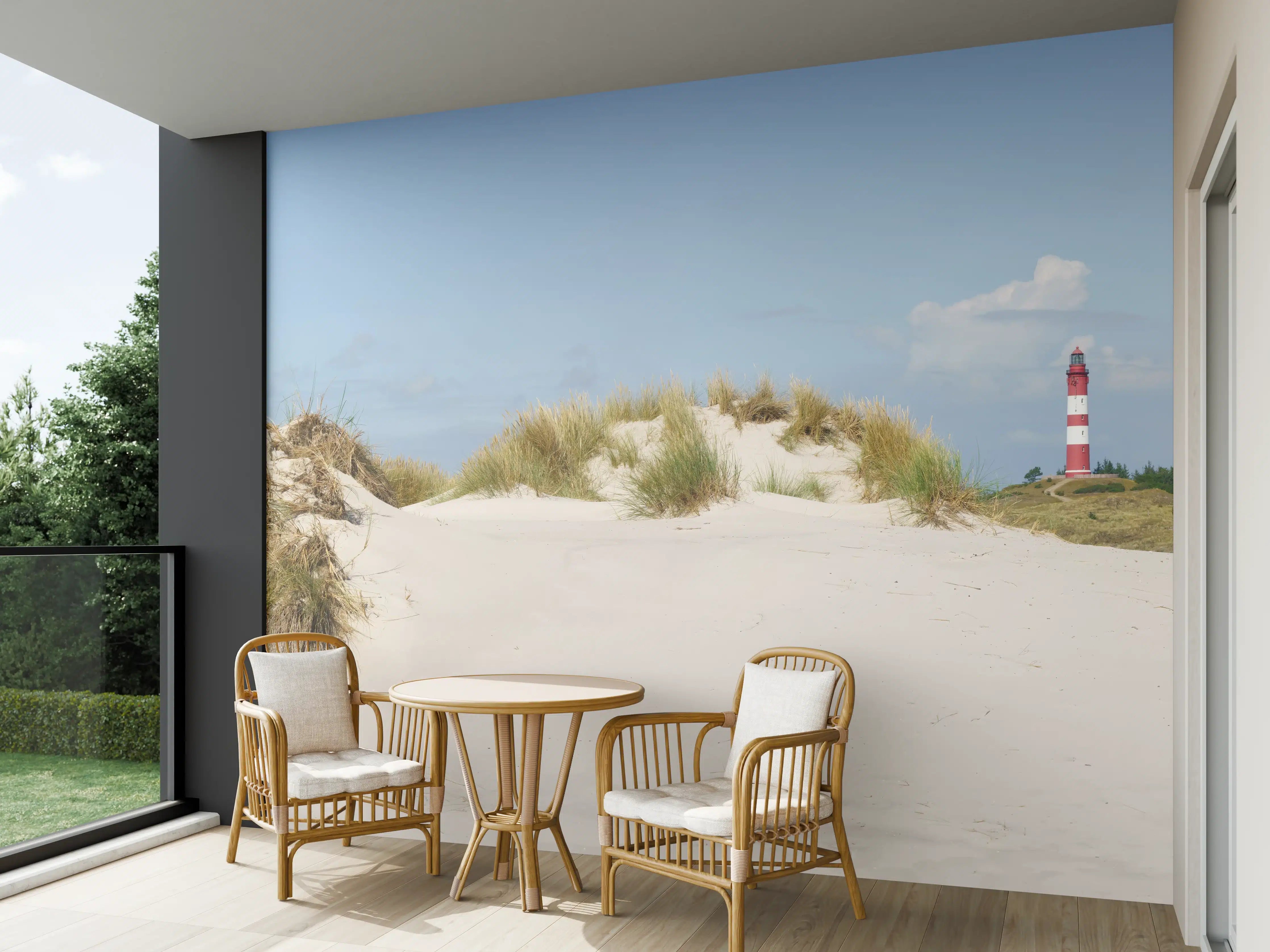 Wandverkleidung außen - Idyllische Strandlandschaft mit Leuchtturm