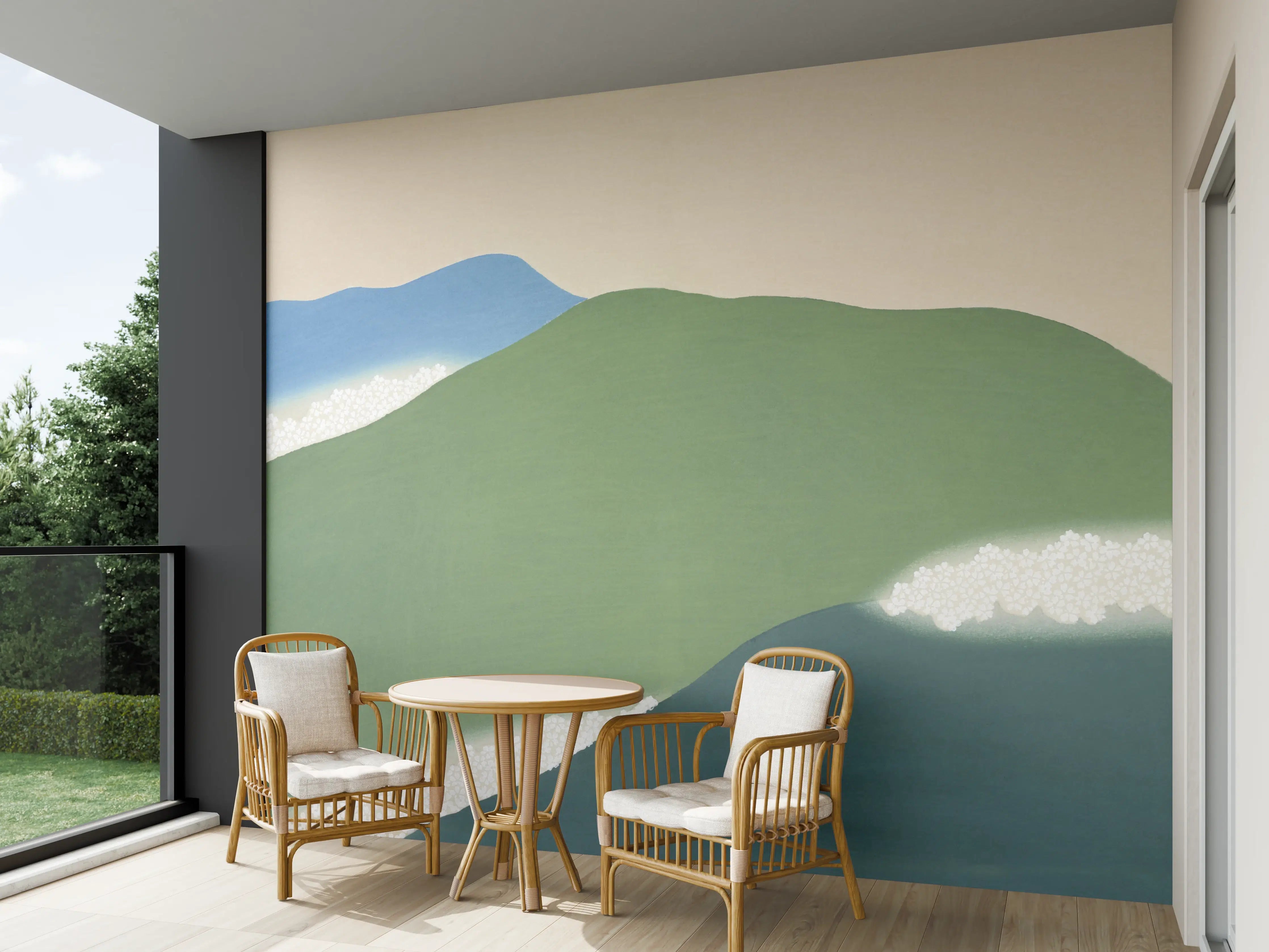 Wandverkleidung außen - Japanische Berglandschaft Grün-Blau