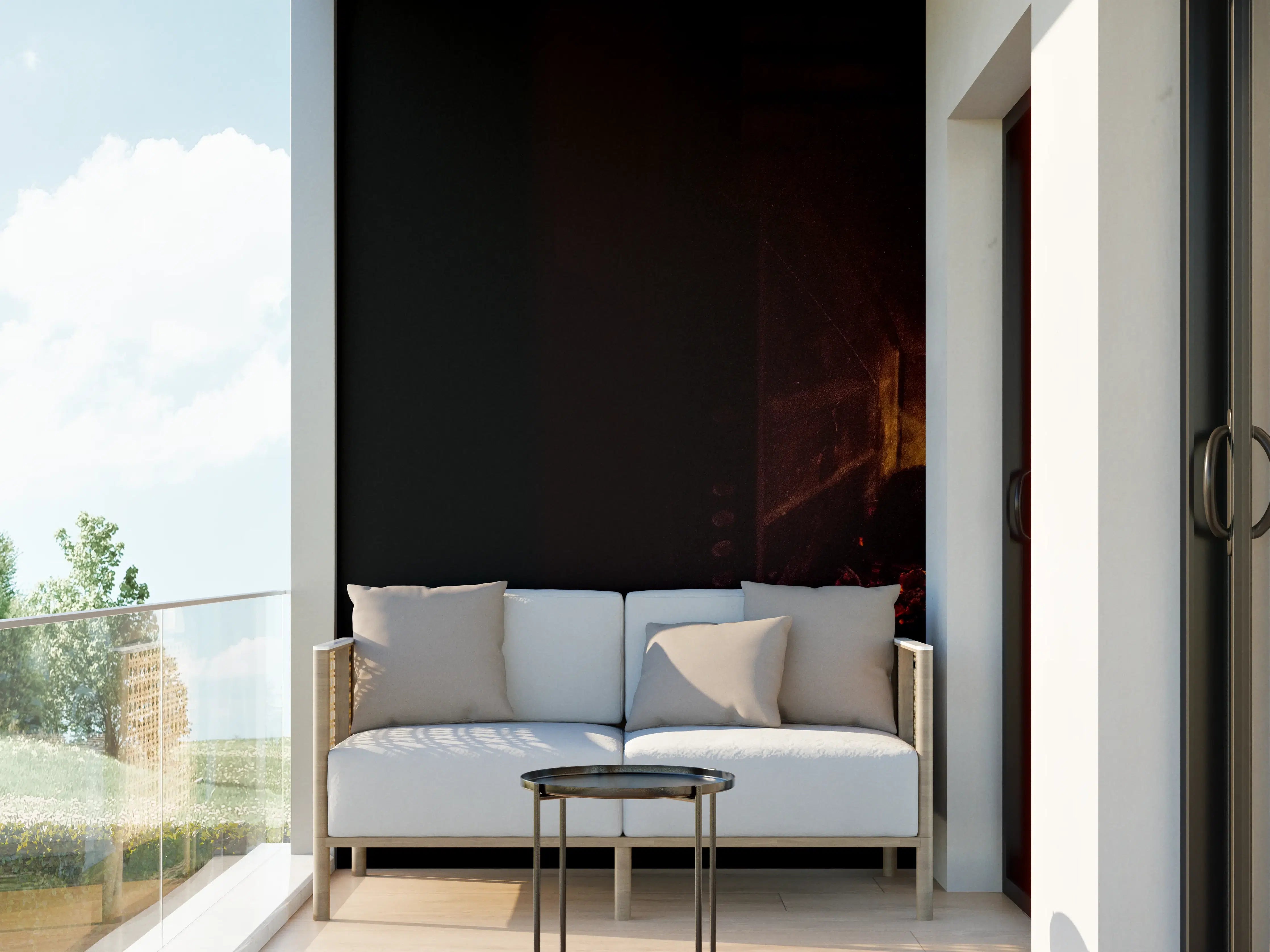 Wandverkleidung außen - Kaminfeuer vor Holztisch