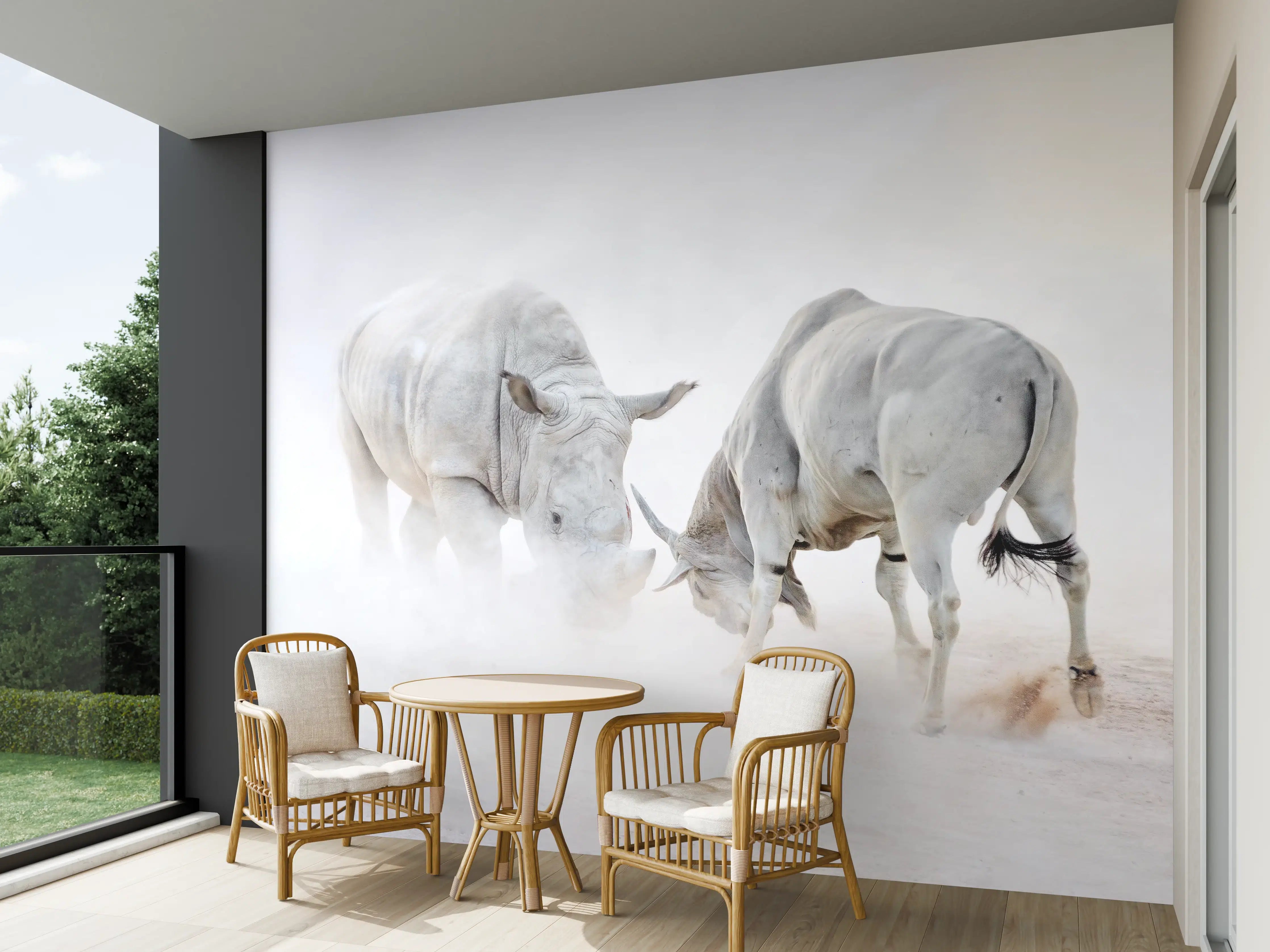 Wandverkleidung außen - Kampf zwischen Nashorn und Oryx