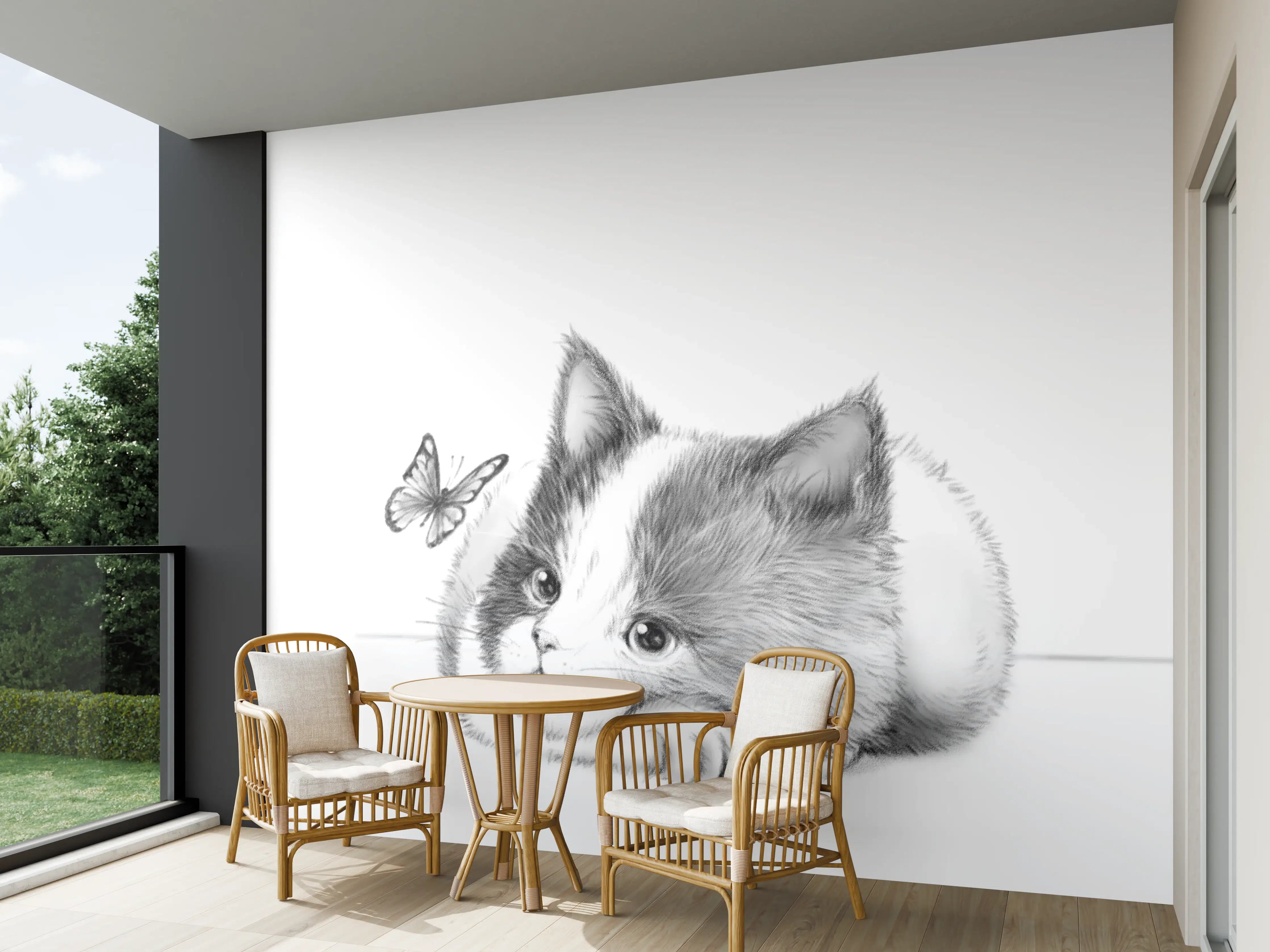 Wandverkleidung außen - Kindermotiv einer Katze - Schwarz-weiß