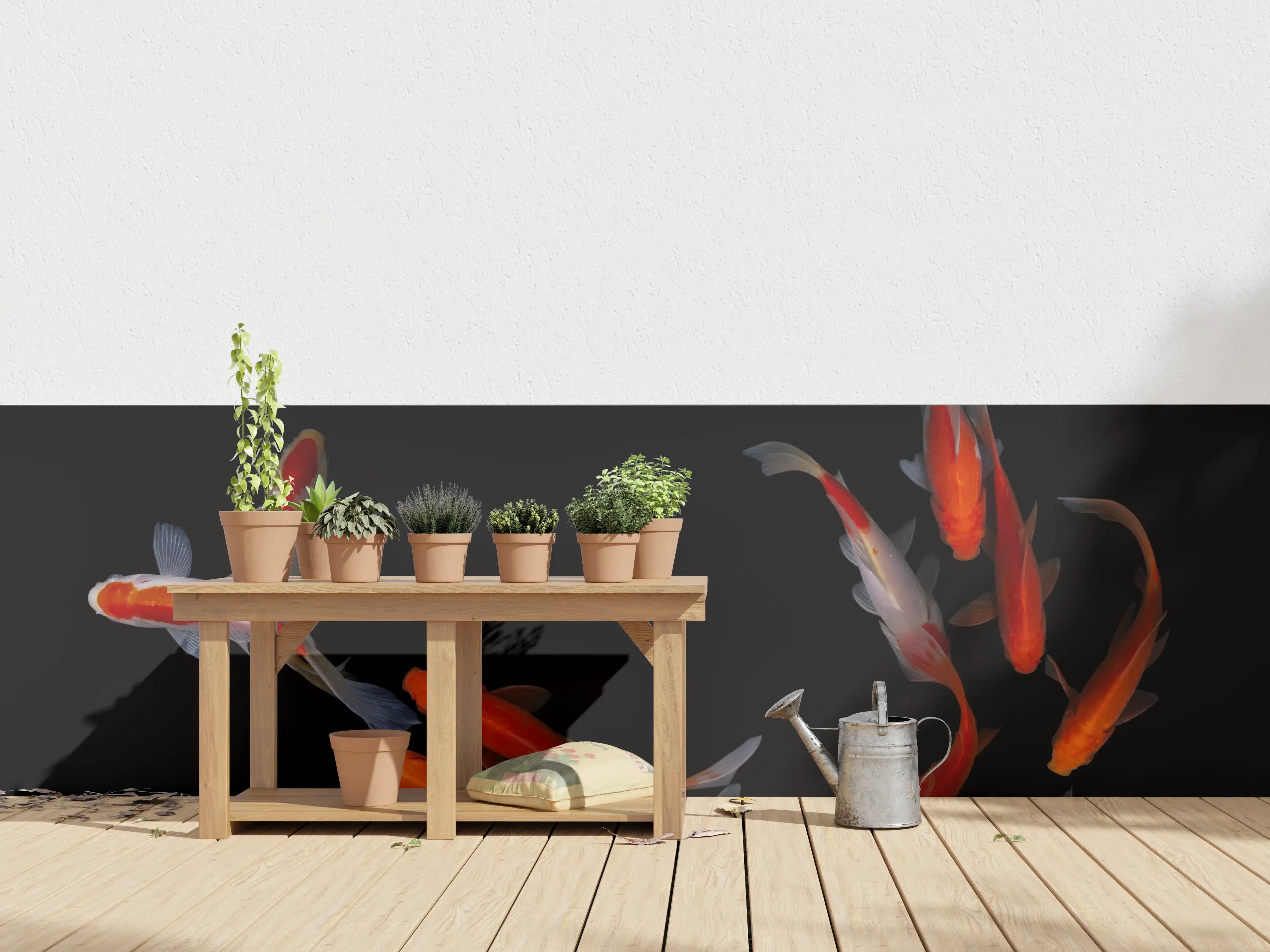 Wandverkleidung außen - Koi Fische auf schwarzem Hintergrund