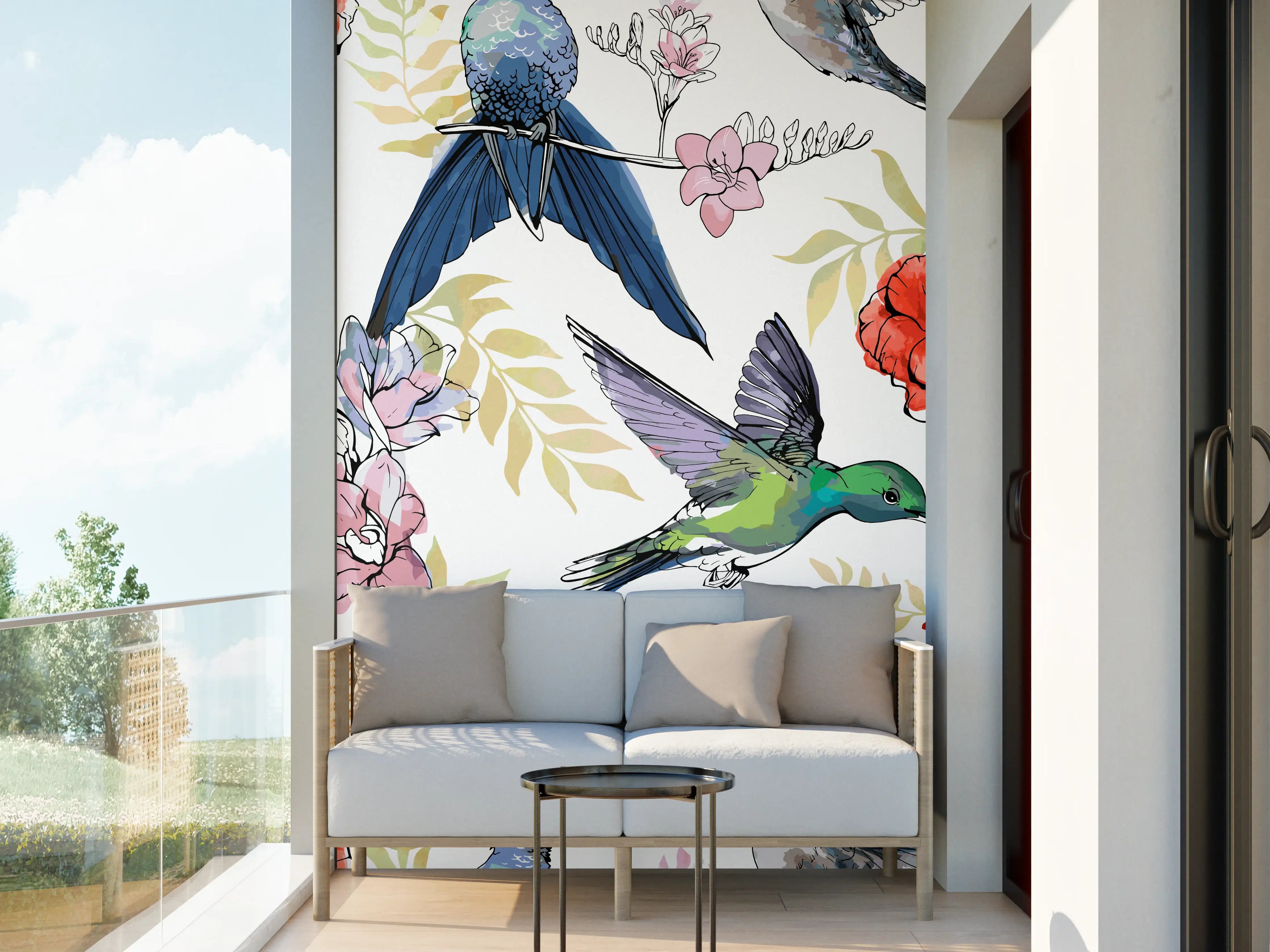 Wandverkleidung außen - Kolibri-Blumen-Muster Textil