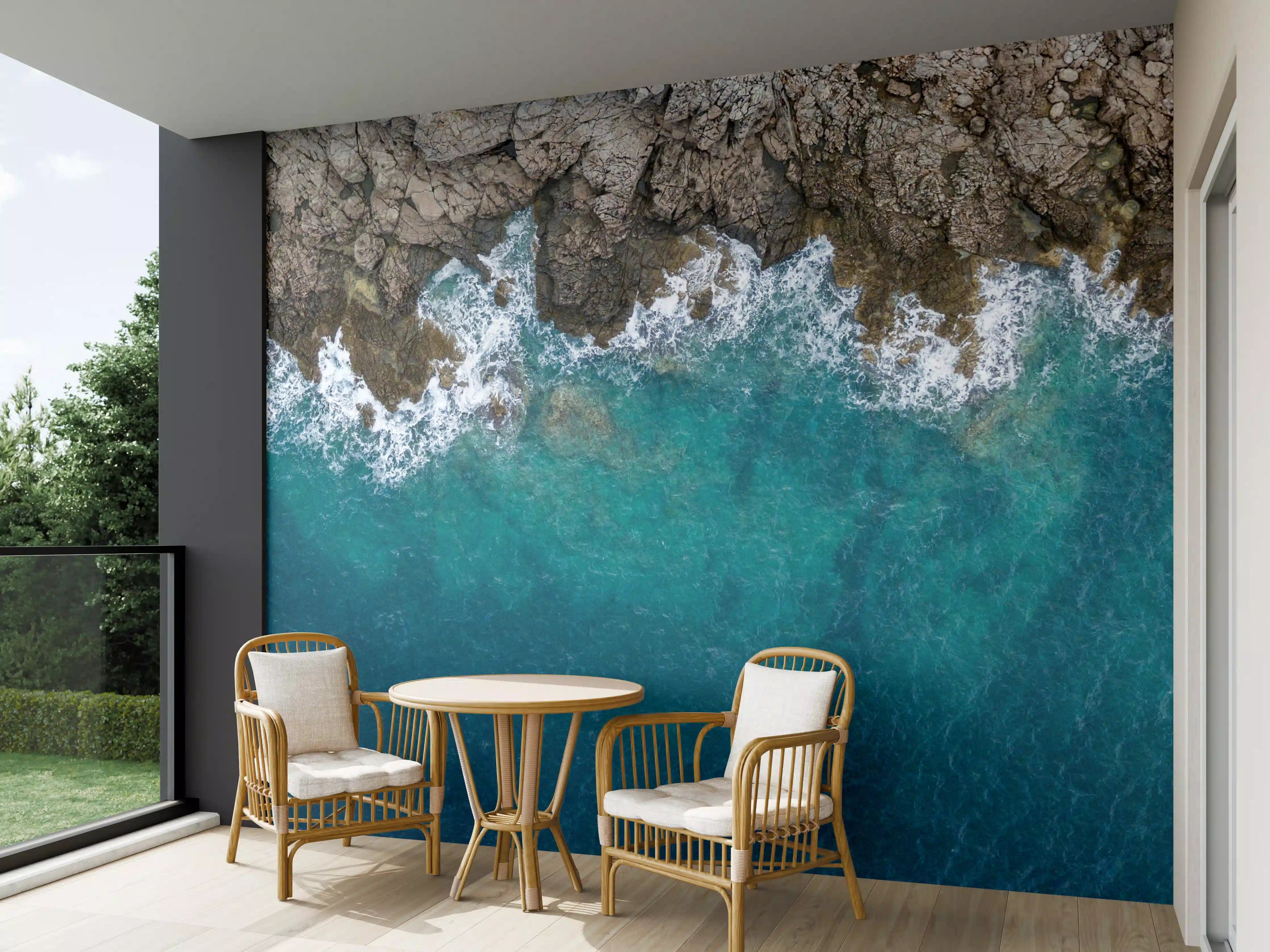 Wandverkleidung außen - Küstliche Klippen und Meer in Blau