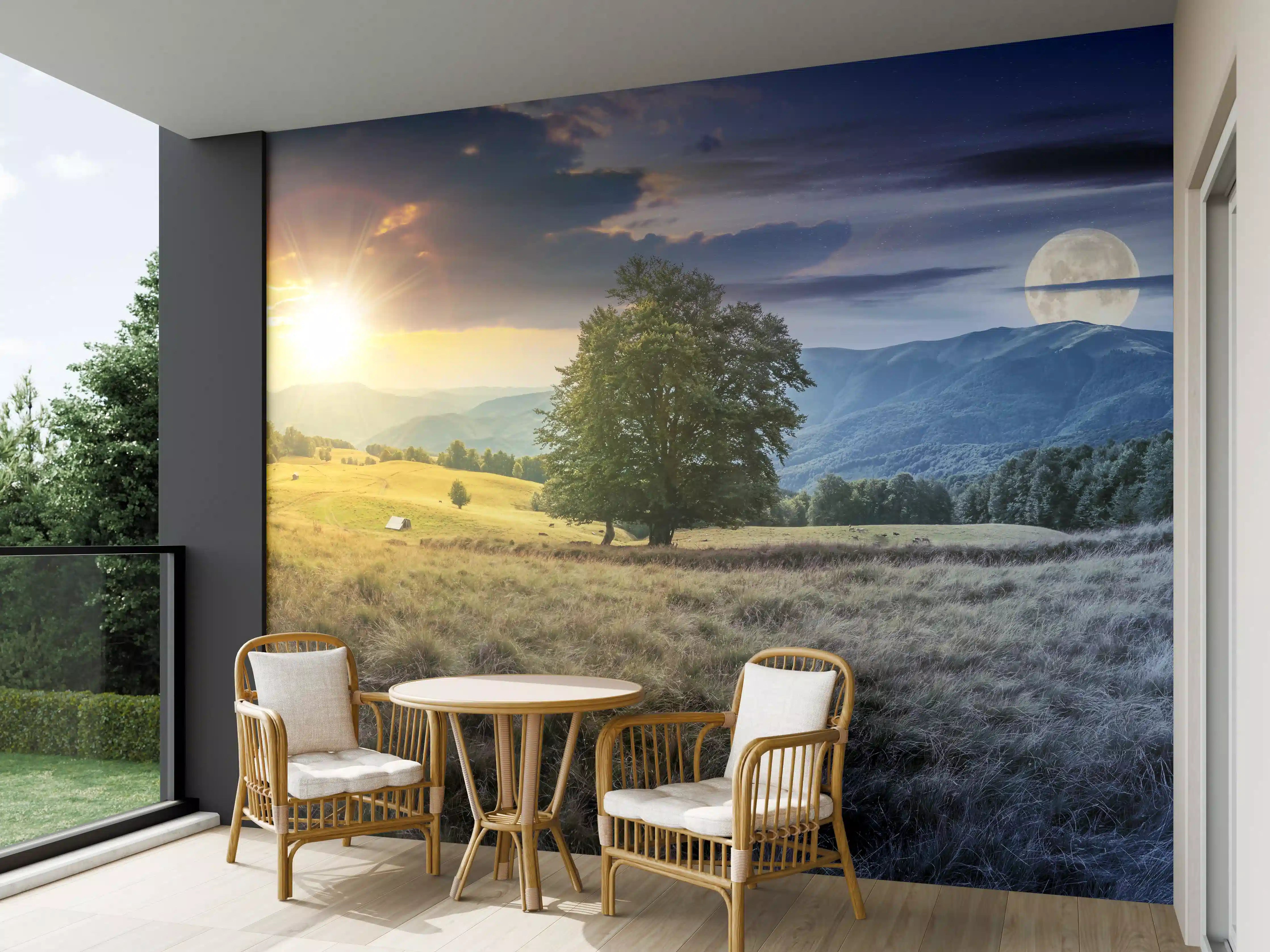 Wandverkleidung außen - Landschaft bei Sonnenaufgang und Vollmond