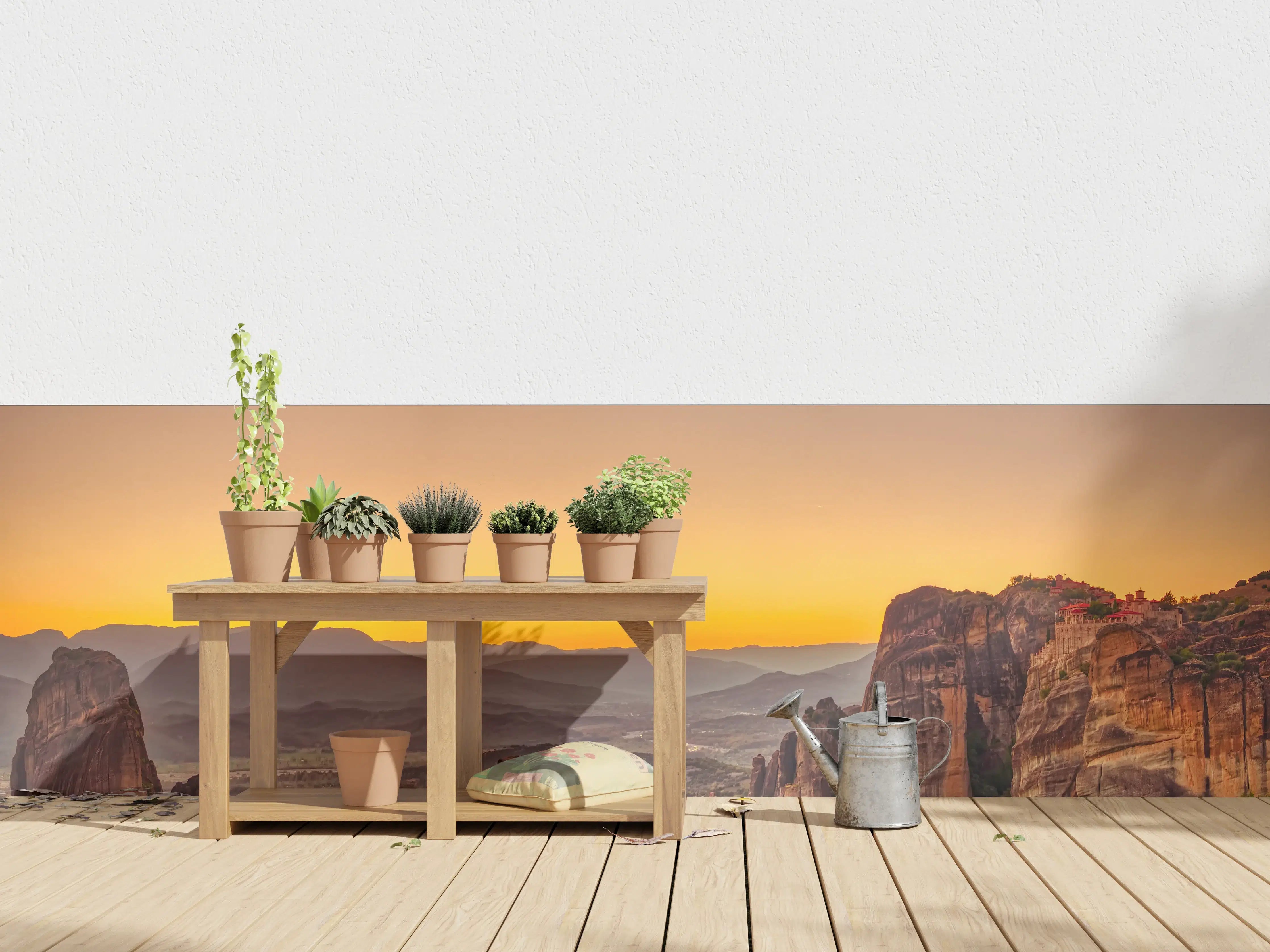 Wandverkleidung außen - Landschaft mit Klöstern und Felsformationen
