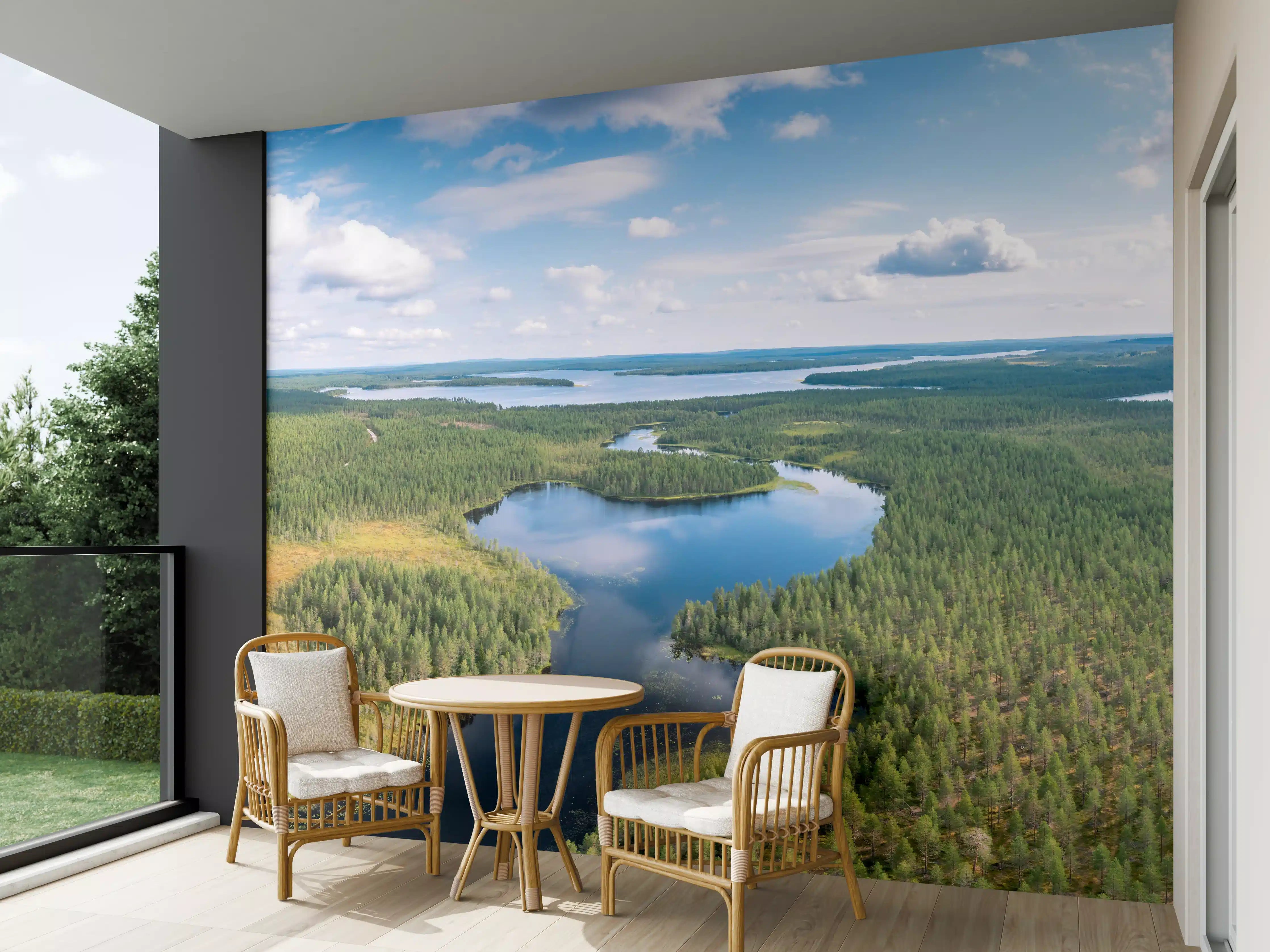 Wandverkleidung außen - Landschaft mit See und Wald unter blauem Himmel