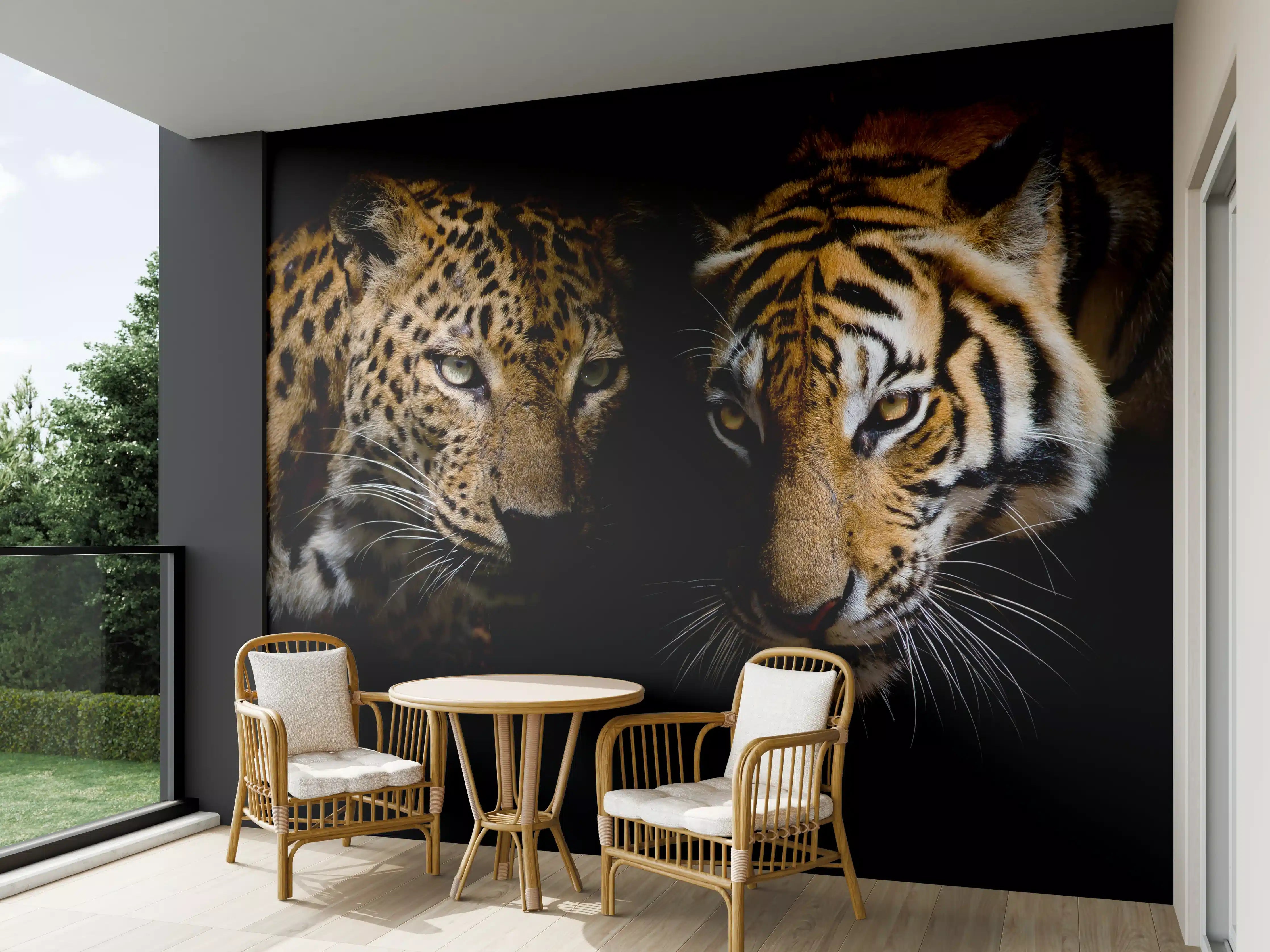 Wandverkleidung außen - Leopard und Tiger isoliert auf schwarzen Hintergrund