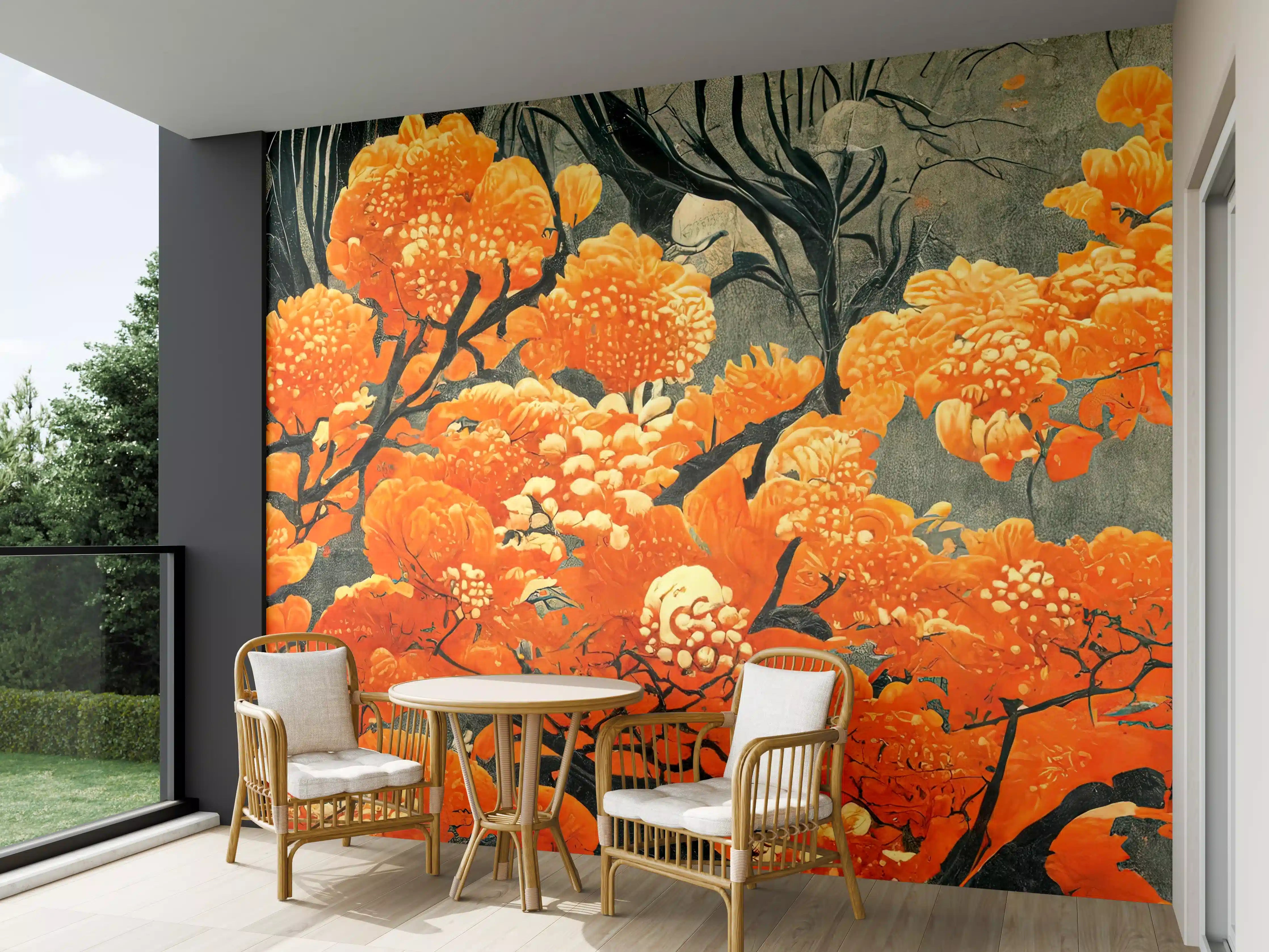 Wandverkleidung außen - Leuchtend orange Blüten mit dunklem Hintergrund