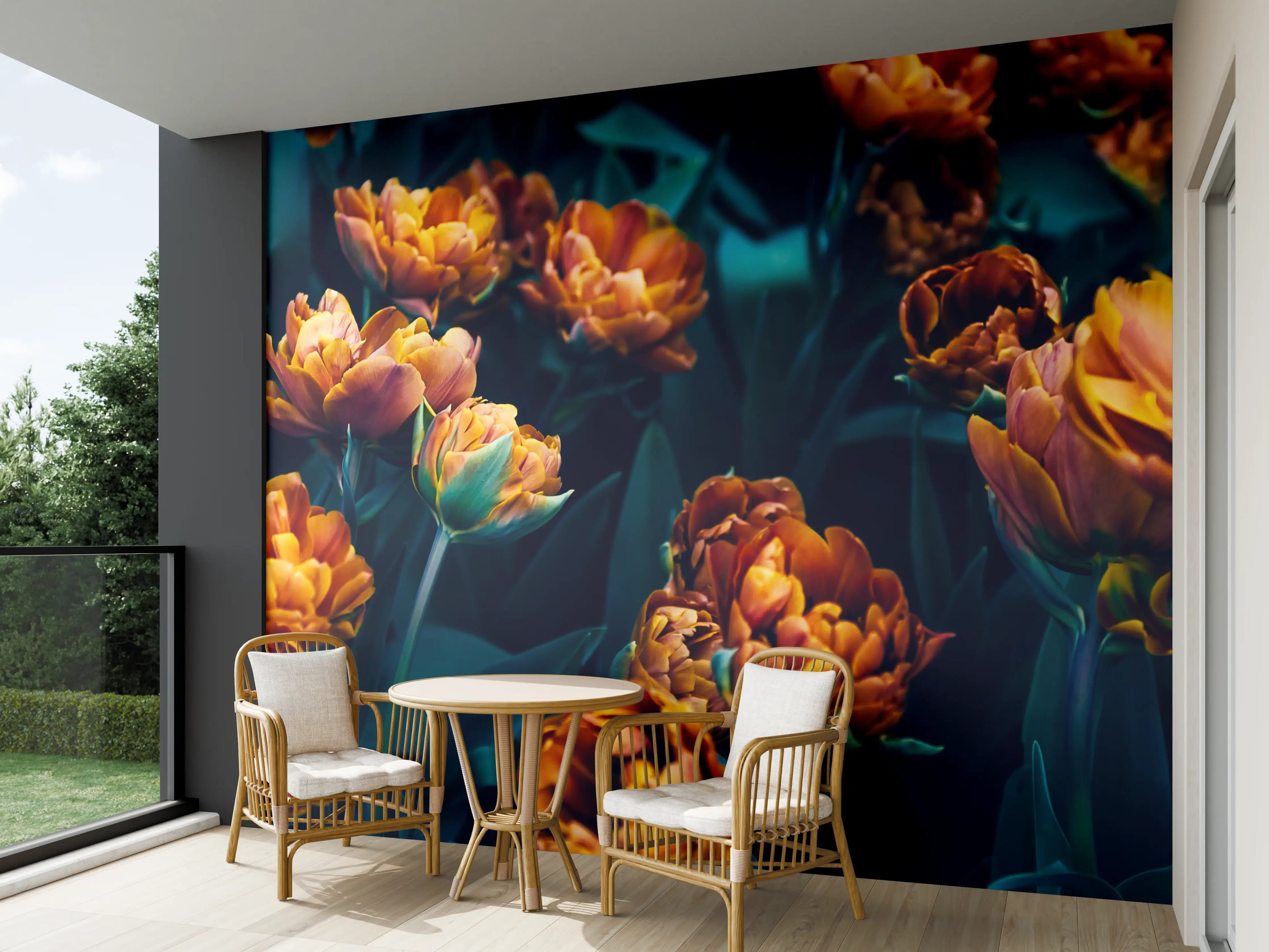 Wandverkleidung außen - Leuchtende orange Tulpen bei Dämmerung