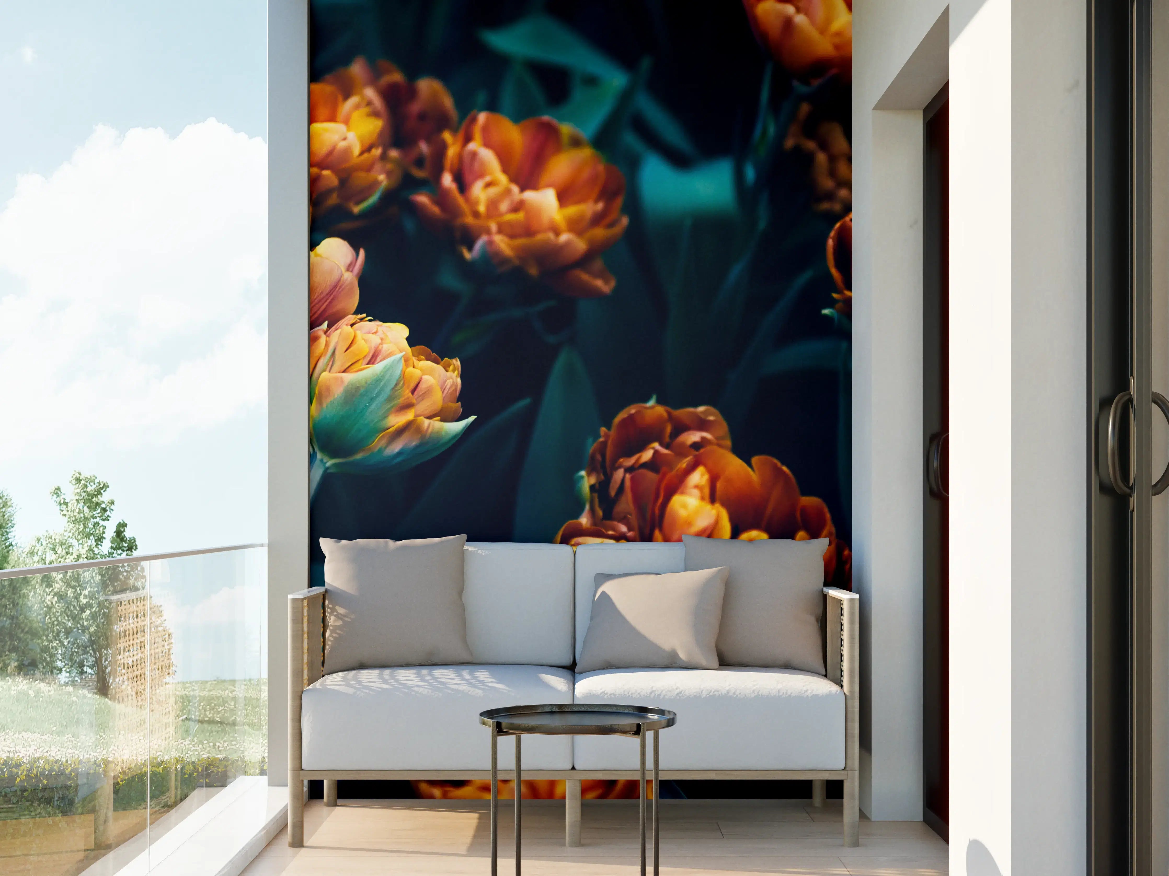 Wandverkleidung außen - Leuchtende orange Tulpen bei Dämmerung