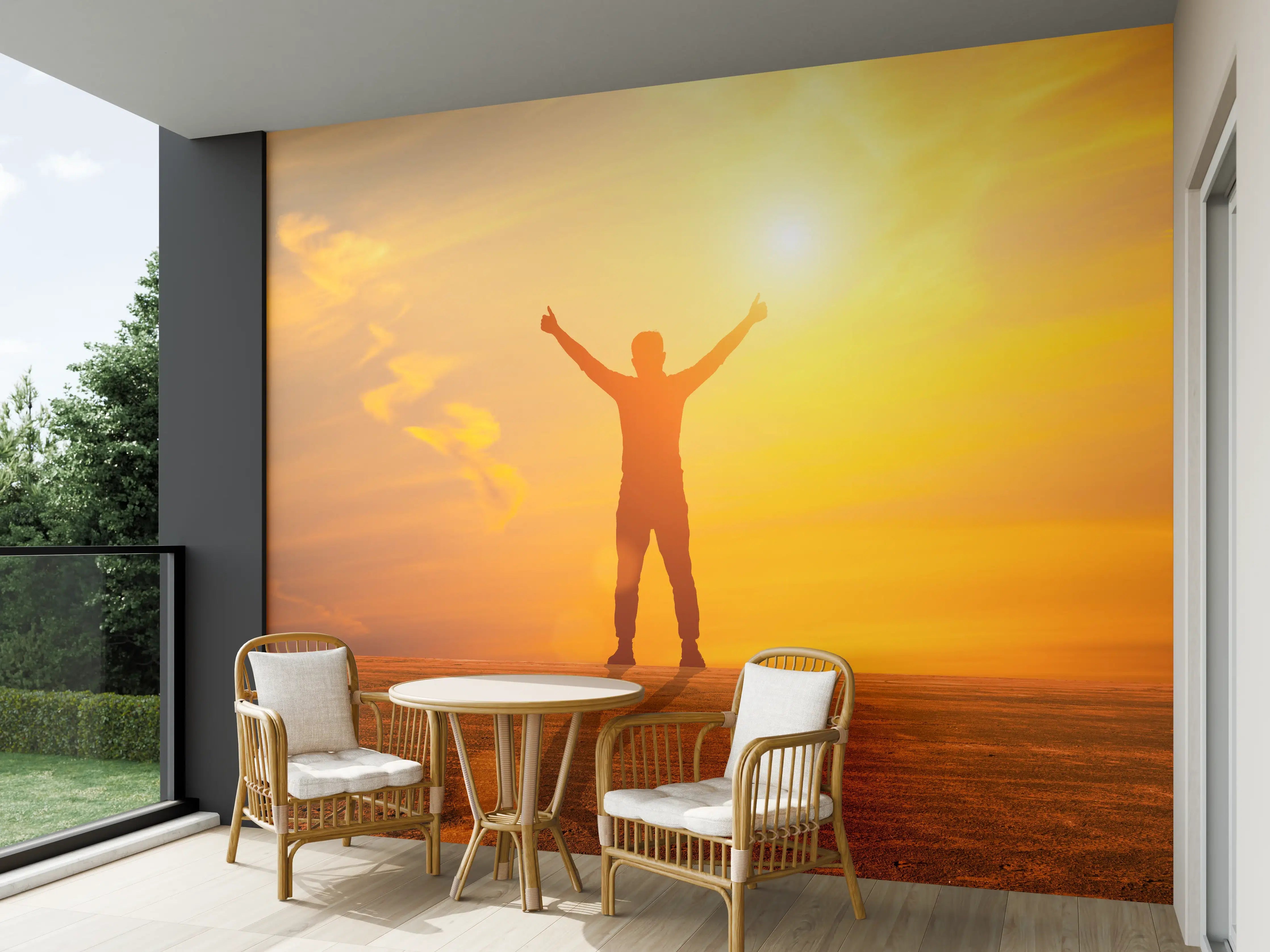 Wandverkleidung außen - Leuchtender Sonnenuntergang mit Silhouette